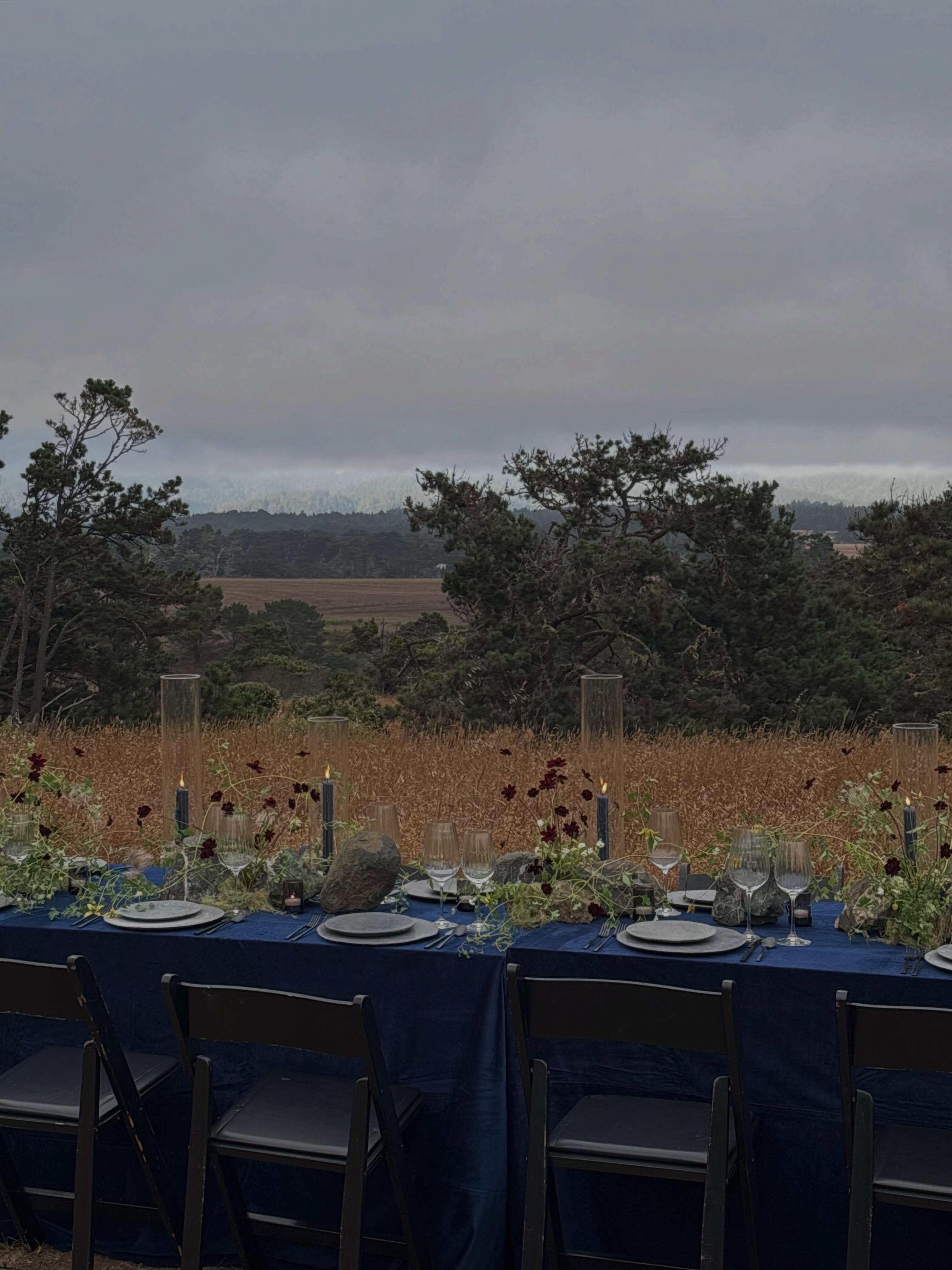 A preview of the tablescape I designed for the workshop/retreat Land and Sea. The cliffs at Sea Ranch were the inspo. The blue velvet linen reminded me of the ocean, rocks were foraged from the property to represent the cliffs, the stone plates were from @catalogue.prop.house to compliment the rocks. Florals were locally sourced and the clematis came from @maxgilldesign garden, truly stole the show. More detail shots to come!