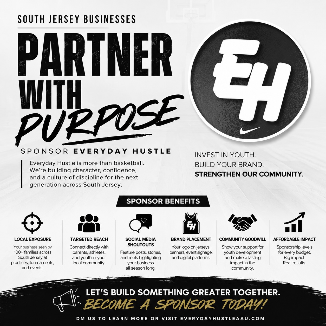 South Jersey businesses, this is bigger than basketball.
Everyday Hustle is building opportunities for young athletes to compete, develop, travel, and represent our community with pride. Now we’re looking for local businesses that want to be part of what we’re building.
Your sponsorship doesn’t just put your business in front of our growing community. It helps create opportunities for kids, supports local families, and keeps South Jersey basketball moving forward.
Want your business on our team? Send us a DM to learn about sponsorship opportunities.
#SouthJerseyBusiness #SouthJerseyNJ #YouthSports #BasketballSponsorship #EverydayHustle