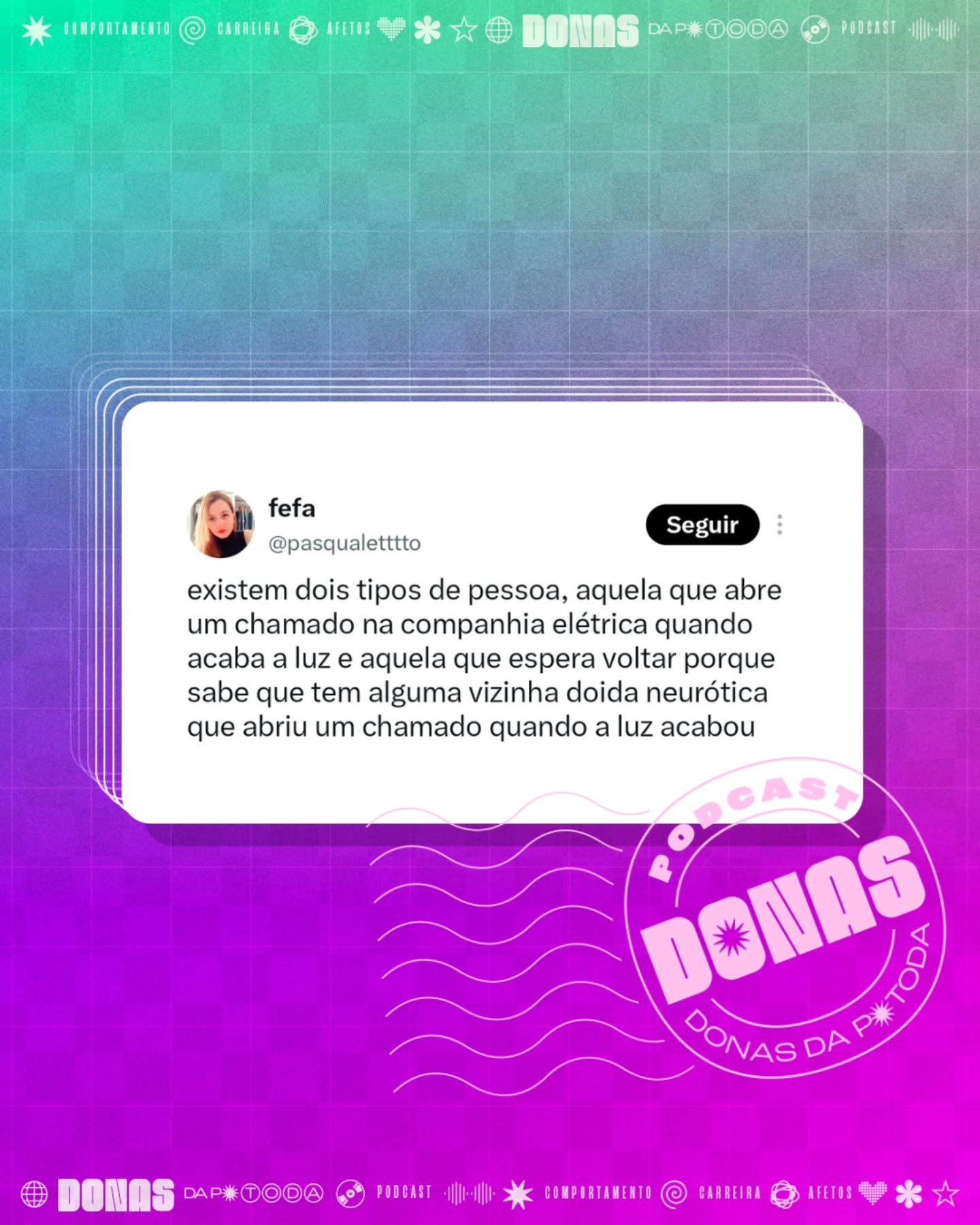Segunda-feira, 31 de agosto de 2026. Prontas para mais uma semana e mais uma curadoria de tweets?
Nesta terça tem episódio novo no ar. Aproveita para seguir o Donas e avaliar com 5 estrelas no Spotify e na Apple Podcasts.
Contribua com a nossa campanha de financiamento coletivo em apoia.se/donasdaptoda e receba conteúdos exclusivos, brindes e muito mais
#donasdaptoda #podcasts #mulherespodcasters