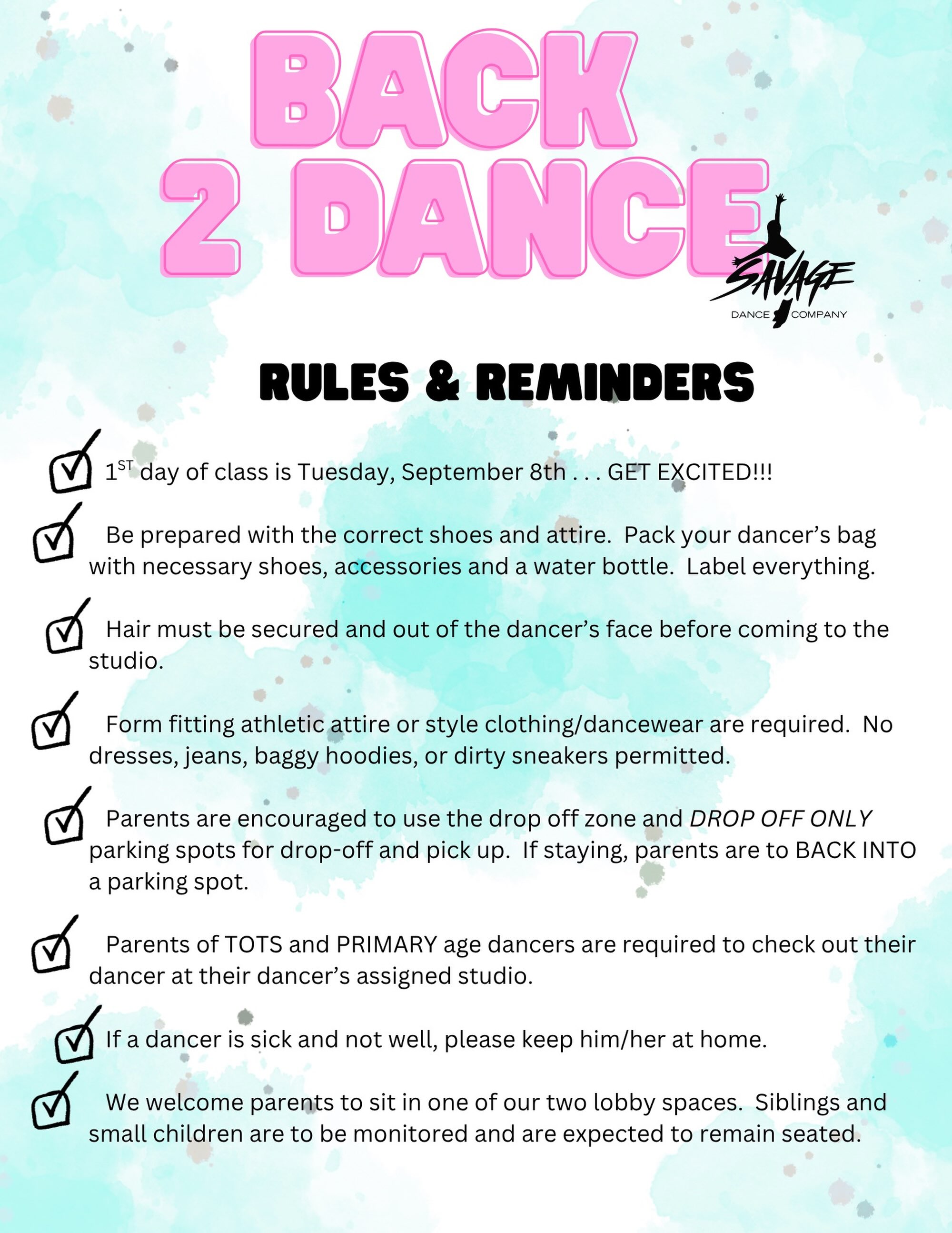 ONE WEEK until we’re BACK! 💕🔥
Season 14 is almost here! Before we hit the dance floor, please review these important rules & reminders to help us kick off an amazing season! ✨
And don’t forget TOMORROW is our OPEN HOUSE at Savage! Come meet the faculty, ask questions, and get ready for another incredible year! 💗
We are SO excited to see everyone and officially get this season started!! 🫶🔥