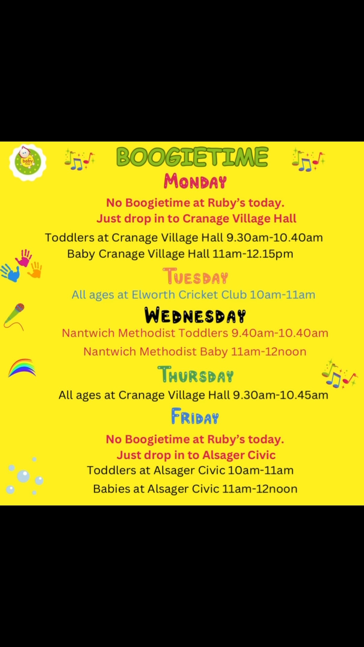 This weeks Boogietime timetable.
Charlotte is on annual leave so no classes at Ruby’s.
All the other classes are running as normal and are drop in with no booking required.
#mybabytime #boogietime #childrensclasses