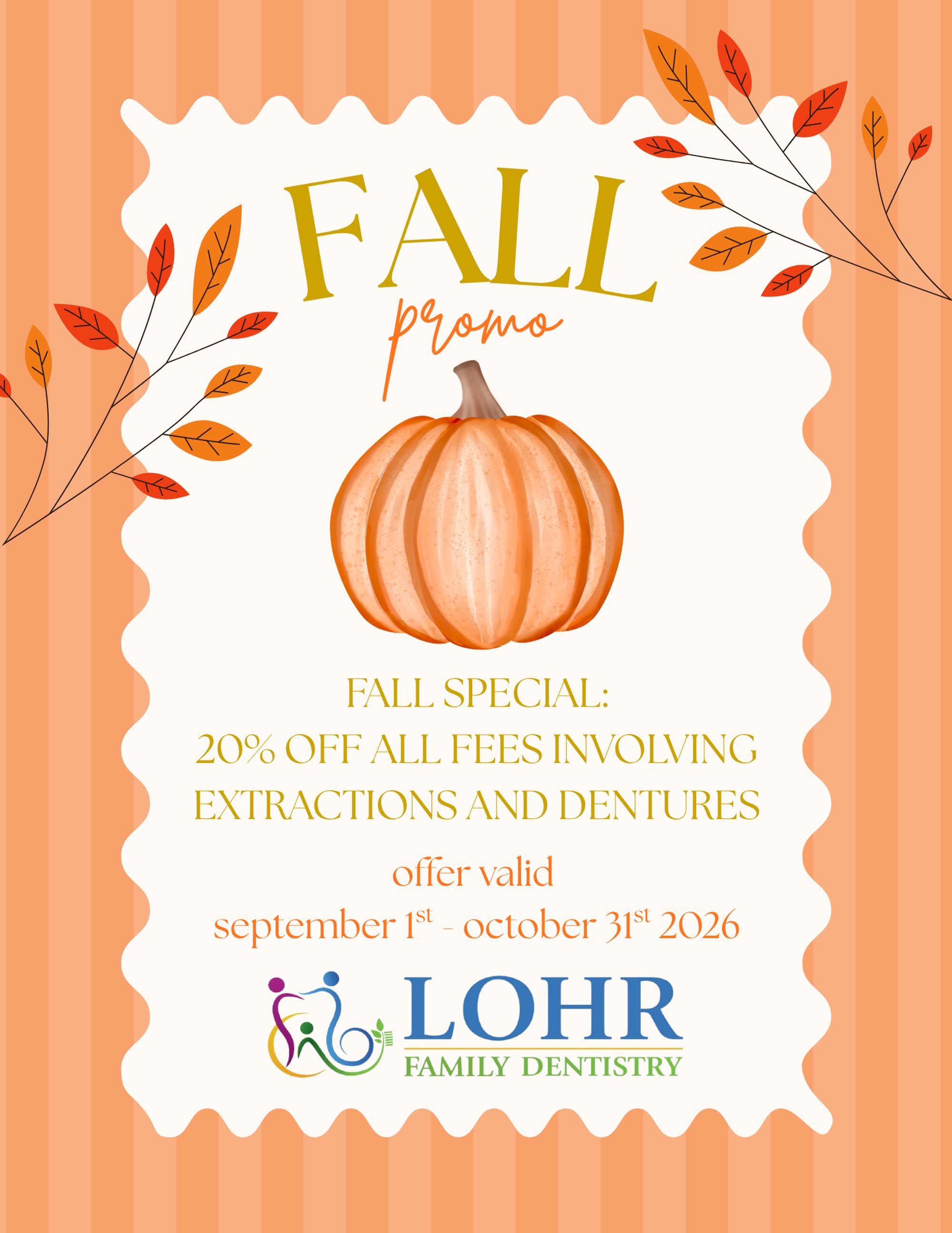 Do you or someone you know have poorly fitting dentures? Dentures with worn or chipped teeth? Feeling frustrated because your dentures won’t stay in?! 😬
Do you or someone you know need teeth removed and dentures made? Not interested in paying more money to see an oral surgeon?
Check out our fall promo for our special offer on extractions and dentures! Save money and see caring dental 🦷 professionals who take their time addressing your concerns.
These are all reasons to call LFD to see Dr. Lohr or Dr. Cunningham for a denture consultation! We are here to help you! #lohrfamilydentistry #drlohrdds #drcunninghamdds #dentures #extractions