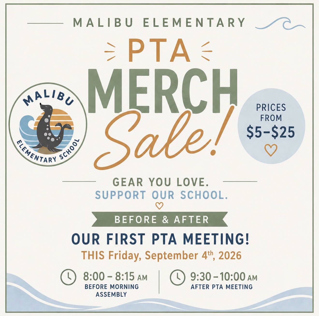 💙Come grab some MES merch this Friday 9/4! 💙 Before assembly AND after our first PTA meeting💙