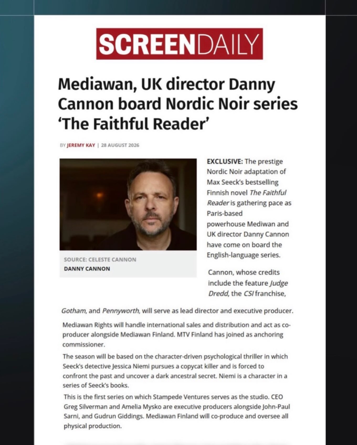 New York Times -bestsellerkirjailija Max Seeckin 41 kielellä julkaistun Jessica Niemi -kirjasarjan ensimmäinen osa Uskollinen lukija (”Faithful Reader”) etenee kansainväliseksi televisiosarjaksi. Danny Cannon on kiinnitetty englanninkielisen sarjan ohjaajaksi.
Mediawan Rights vastaa sarjan kansainvälisestä myynnistä ja levityksestä sekä tuottaa sarjan yhdessä Stampede Venturesin ja Mediawan Finlandin kanssa. Suomesta hankkeessa on mukana MTV.
Sarja kuvataan lähes kokonaan Suomessa.
⭐️⭐️⭐