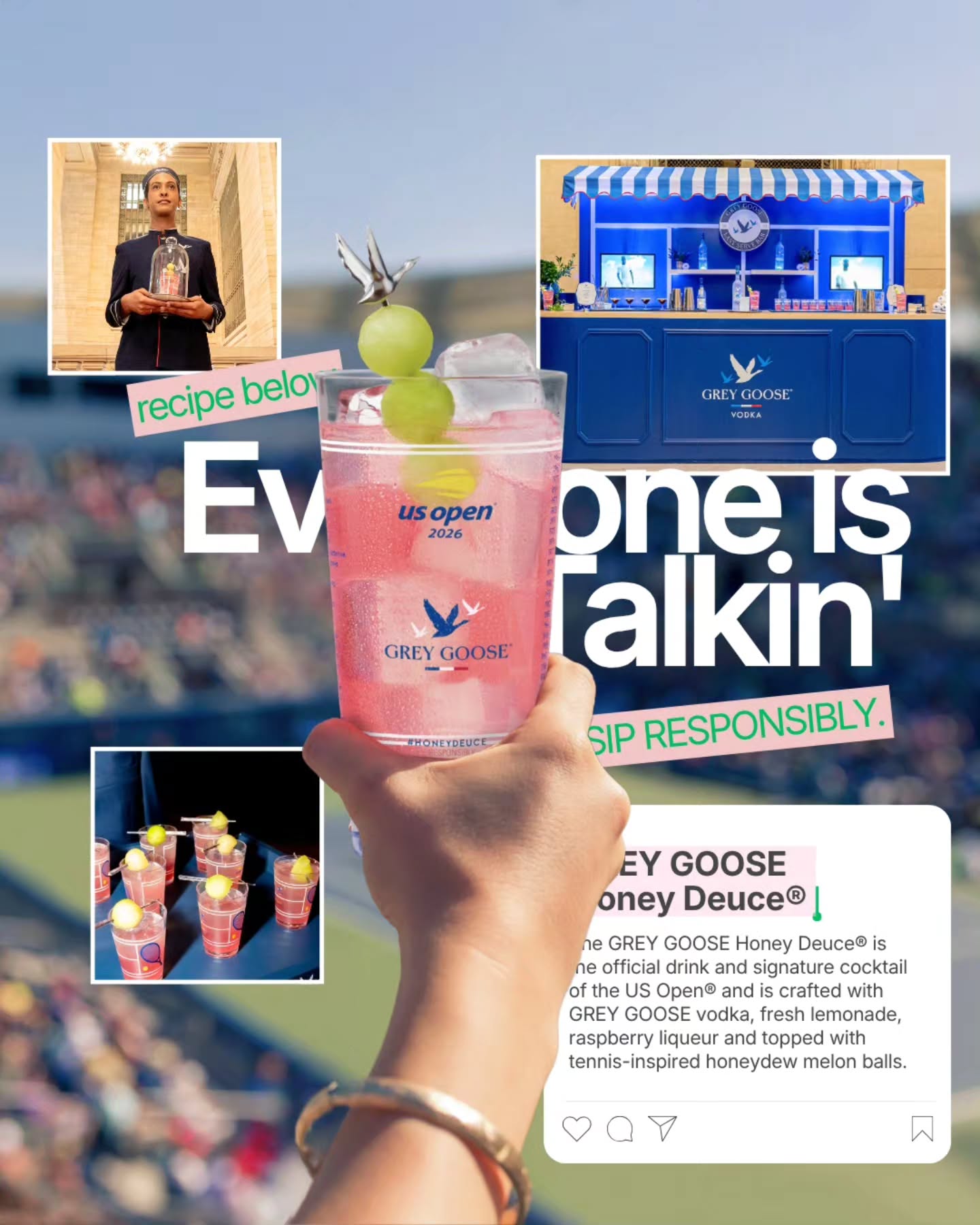 Cheers to @greygoose and their marketing for the official drink of the US Open, the GREY GOOSE Honey Deuce®!!!
For 2026, the brand will extend the tournament experience beyond the stadium and activating offering tennis fans and everyday commuters to keep the spirit of the US Open alive long after match point.
Stay tuned as we take you for a look inside later this week!
In the meantime, you can Serve Up your own GREY GOOSE Honey Deuce® at home:
Recipe Ingredients
1 ¼ oz GREY GOOSE® Vodka
3 oz Fresh Lemonade
½ oz Premium Raspberry Liqueur
3 Honeydew Melon Balls
How to Make
Fill a chilled highball glass with cubed ice and add GREY GOOSE® Vodka.
Top with fresh lemonade and raspberry liqueur.
Garnish with a skewer of 1 or multiple frozen honeydew melon balls.
🎾🎾🎾🎾🎾🎾🎾🎾🎾
#usopen #honeydeuce