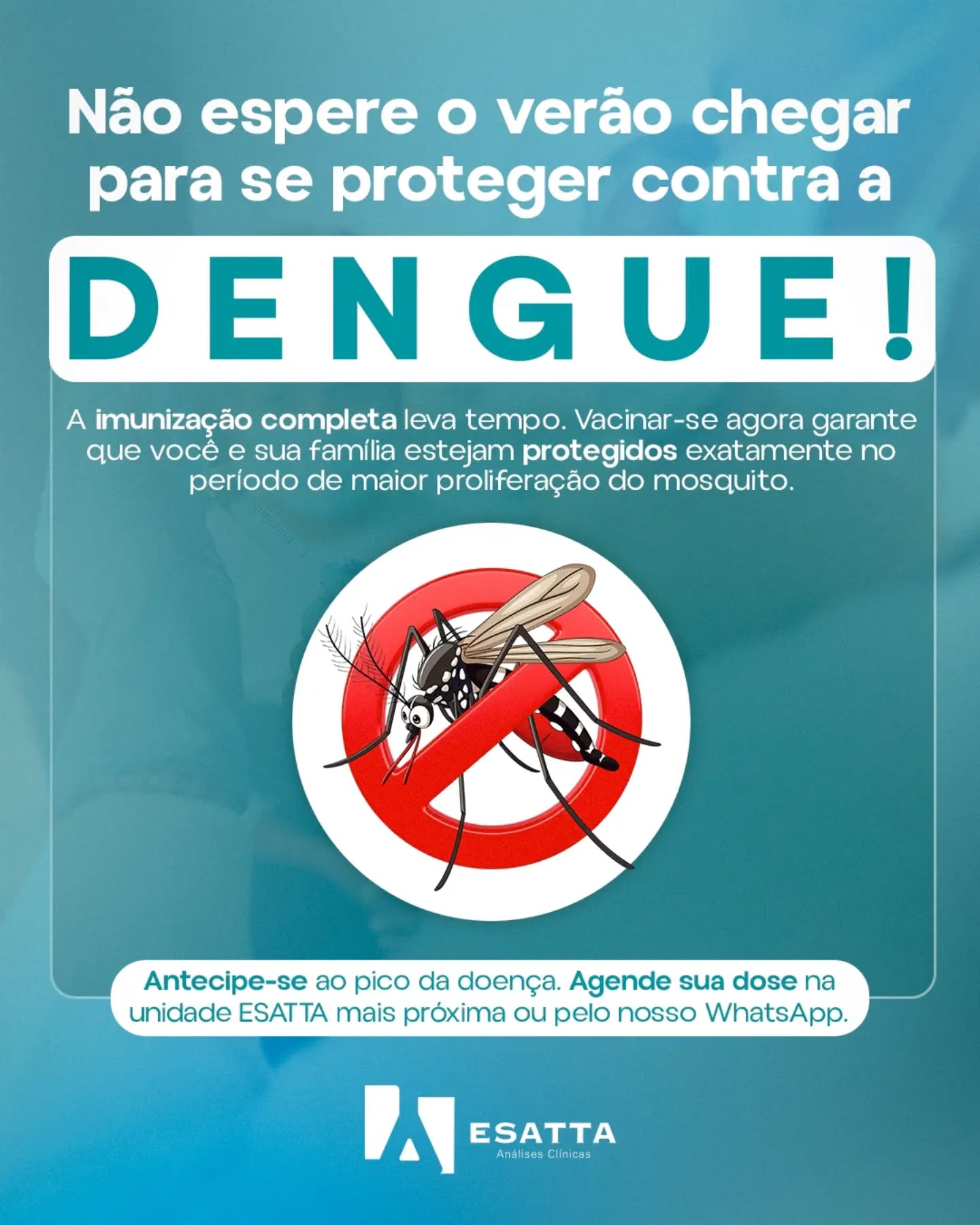 Esperar os dias quentes chegar para pensar na dengue é o erro mais comum — e o mais arriscado. 🦟☀️
A proliferação do mosquito dispara com o calor e as chuvas do verão. Como o esquema vacinal exige um tempo entre as doses para garantir a proteção máxima, se você deixar para se vacinar em cima da hora, estará desprotegido justamente no período de maior circulação do vírus.
A prevenção inteligente se faz com antecedência. Garanta a sua imunidade e a da sua família agora para curtir os meses mais quentes com total tranquilidade.
🛡️ Vacina contra a Dengue disponível no Laboratório ESATTA.
Atendimento ágil, seguro e com todo o cuidado que você merece.
👉 Não corra riscos desnecessários: Clique no link da bio ou mande uma mensagem no nosso WhatsApp para verificar a disponibilidade e agendar a sua dose!