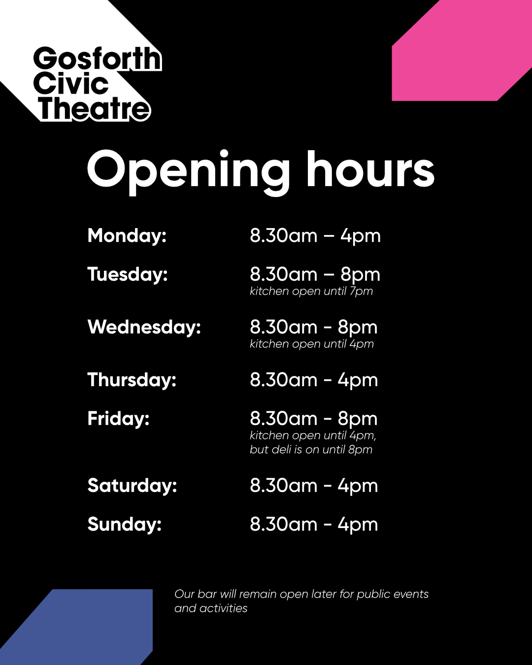 Our last Monday closed! 👋
From September, we’ll be open 7 days a week, so you can pop in for a coffee or lunch whenever suits you ☕️
Here are our new opening hours:
Monday: 8.30am–4pm
Tuesday: 8.30am–8pm (kitchen open until 7pm)
Wednesday: 8.30am–8pm (kitchen open until 4pm)
Thursday: 8.30am–4pm
Friday: 8.30am–8pm (kitchen open until 4pm, deli available until 8pm)
Saturday: 8.30am–4pm
Sunday: 8.30am–4pm
