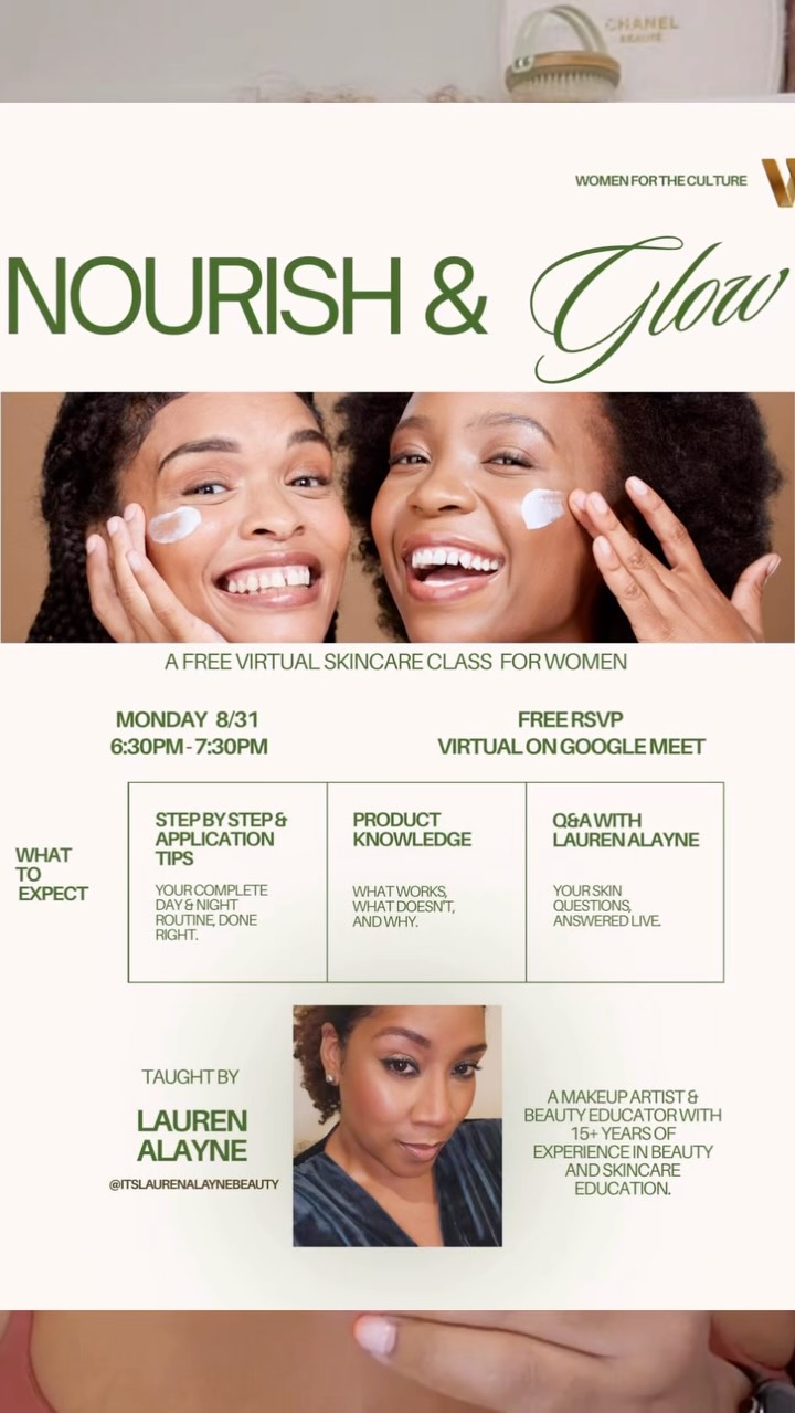 If you have three serums and no idea which one goes first, we need to see you tonight! 😂
Grab your skincare products and join Women for the Culture for Nourish & Glow, a FREE virtual skincare class for women 30+. Beauty Educator Lauren Alayne is breaking down what to use, what may be wasting your money and how to build your day and night routine. Bring your questions because we’re getting into all of it live!
Tonight at 6:30 PM ET. RSVP through the link in our bio and send this to your skincare homegirl. Event produced by @soleheirsociety
#beautyinspo #womenfortheculture #beautyhacks