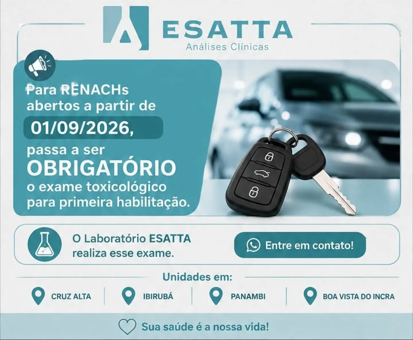 FIQUE ATENTO!!! 🚨🚨🚨🚨
🚨🚨TRÂNSITO É COISA SÉRIA!🚨🚨
A Lei n⁰ 15.153, de 2025, que trata da exigência do exame toxicológico para primeira habilitação, traz no ART. 148-A do CTG o § 10, que condiciona a processo de PRIMEIRA HABILITAÇÃO, ao resultado negativo em exame toxicológico.
A exigência citada será para os RENACHs abertos a partir de 01.09.2026.
Sendo assim, informamos que o LABORATÓRIO ESATTA está a disposição para te ajudar nesse momento!
Entre em contato e agende seu exame toxicológico!🚗
