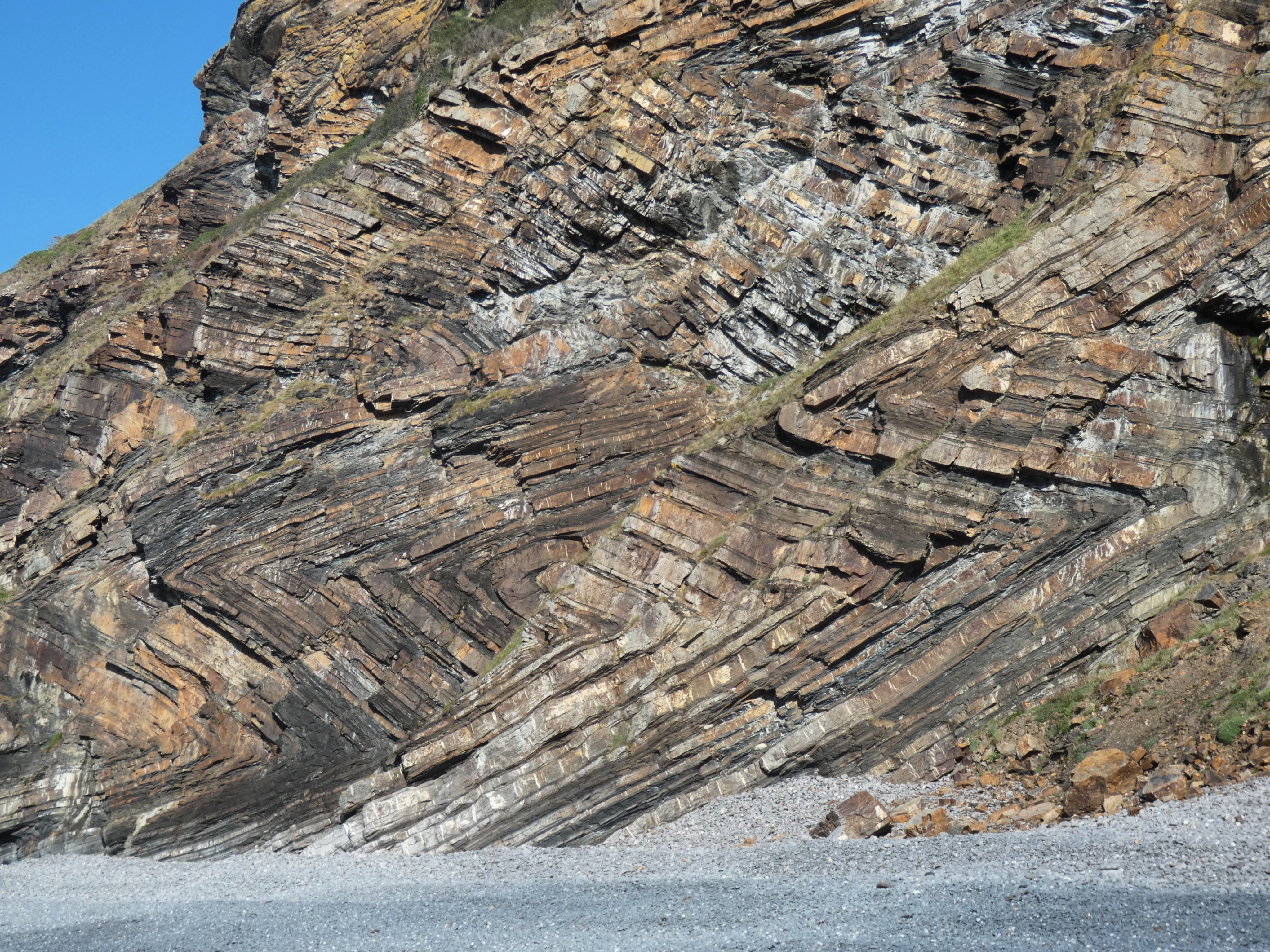 The Millook optical illusion - there is no fault in this image!
These are of course the famous Variscan chevron folds at Millook Haven in north Cornwall. The section visible in this photo is more than 30 m high, with a total cliff height exceeding 80 m.
These layers of sedimentary rock were originally deposited in the Culm Basin around 320 million years ago, in a shallowing ocean basin as more sediment was dumped in it as sediment gravity flows. It is stratigraphically known as the Crackington Formation.
These rocks were buried and folded as Variscan continental collision progressed northwards throughout the Carboniferous. Cornwall was effectively squeezed together like an accordion in a mountain chain for over 70 million years. This caused the inversion, or expulsion if you like, of the Culm Basin sedimentary rocks.
A lot of people who visit here assume that these folds have been subsequently faulted by an extensional fault dipping from right to left. And you could be forgiven for thinking this, looking at the cliff from this perspective.
But this is just an optical illusion. The cliff face here juts out, creating two profiles through the chevron folds. In actual fact the fold axial traces join up on both sides, and there is no fault present.
Something for geologists to remember at all stages of your career- always visualise outcrop in 3D!
#millookhaven #structuralgeology #tectonics #cornwall #geology