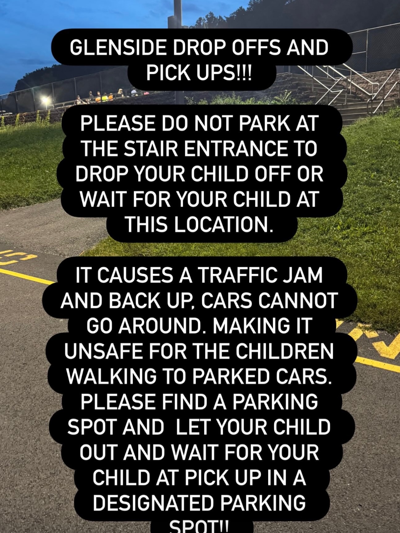 As we go into the Fall 26 season…. Please do not park at the stair entrance of Glenside!! Please find a parking spot. There are plenty !!