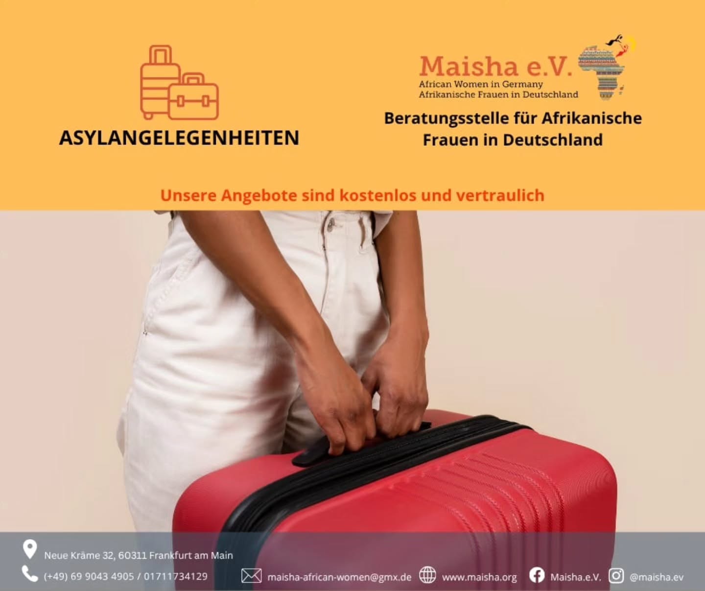 Unterstützung bei Asylangelegenheiten 💛
Bei Maisha e.V. beraten und unterstützen wir afrikanische Frauen bei Fragen rund um Asyl und Aufenthalt in Deutschland.
Wir helfen dabei, Informationen besser zu verstehen, Orientierung zu finden und die nächsten Schritte zu klären.
Unsere Beratung ist kostenlos und vertraulich.
📍 Maisha e.V. – Frankfurt am Main
📞 Kontaktieren Sie uns gerne für weitere Informationen oder eine Beratung.
Maisha e.V. – Wir sind für Sie da.
#support #asylangelegenheiten #maishaev
Support with Asylum Matters 💛
At Maisha e.V., we provide advice and support to African women with questions related to asylum and residence in Germany.
We help you understand important information, find guidance, and clarify the next steps.
Our services are free of charge and confidential.
📍 Maisha e.V. – Frankfurt am Main
📞 Feel free to contact us for further information or advice.
Maisha e.V. – We are here for you.
#MaishaeV #Counselling #AsylumSupport #AfricanWomen #Frankfurt