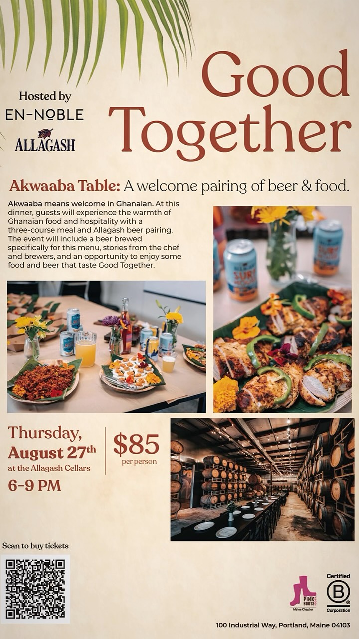 ๐ฌ๐ญ๐ฝ๏ธ๐ป On August 27, we partnered with Allagash Brewing to create something truly one of a kind.
For Akwaaba Table, Ghanaian sobolo flavors were brought together with Allagash to create a special cider for the evening, paired with a Ghanaian dining experience filled with culture, storytelling, and new flavors.
A full house, empty plates, and an unforgettable night. Even Allagash founder Rob Tod left saying, โWe need to do this again.โ โค๏ธ#portlandmaine #allagash #allagashbrewing #Maine beer#mainebeercompany
