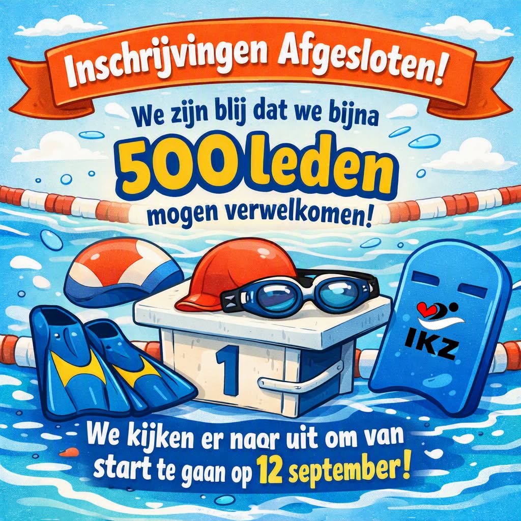 De inschrijvingen voor de zwemschool IKZ zijn afgesloten.
Met bijna 500 leden wordt het zeker een 'spetterend' zwemjaar.
😍
Welkom op 12 september bij één van de grootste zwemclubs van het land.
#IKZ
#MaakJeZwemzakMaarKlaar
#AlleenDeSterkeSportersWordenZwemmer
#Welkom