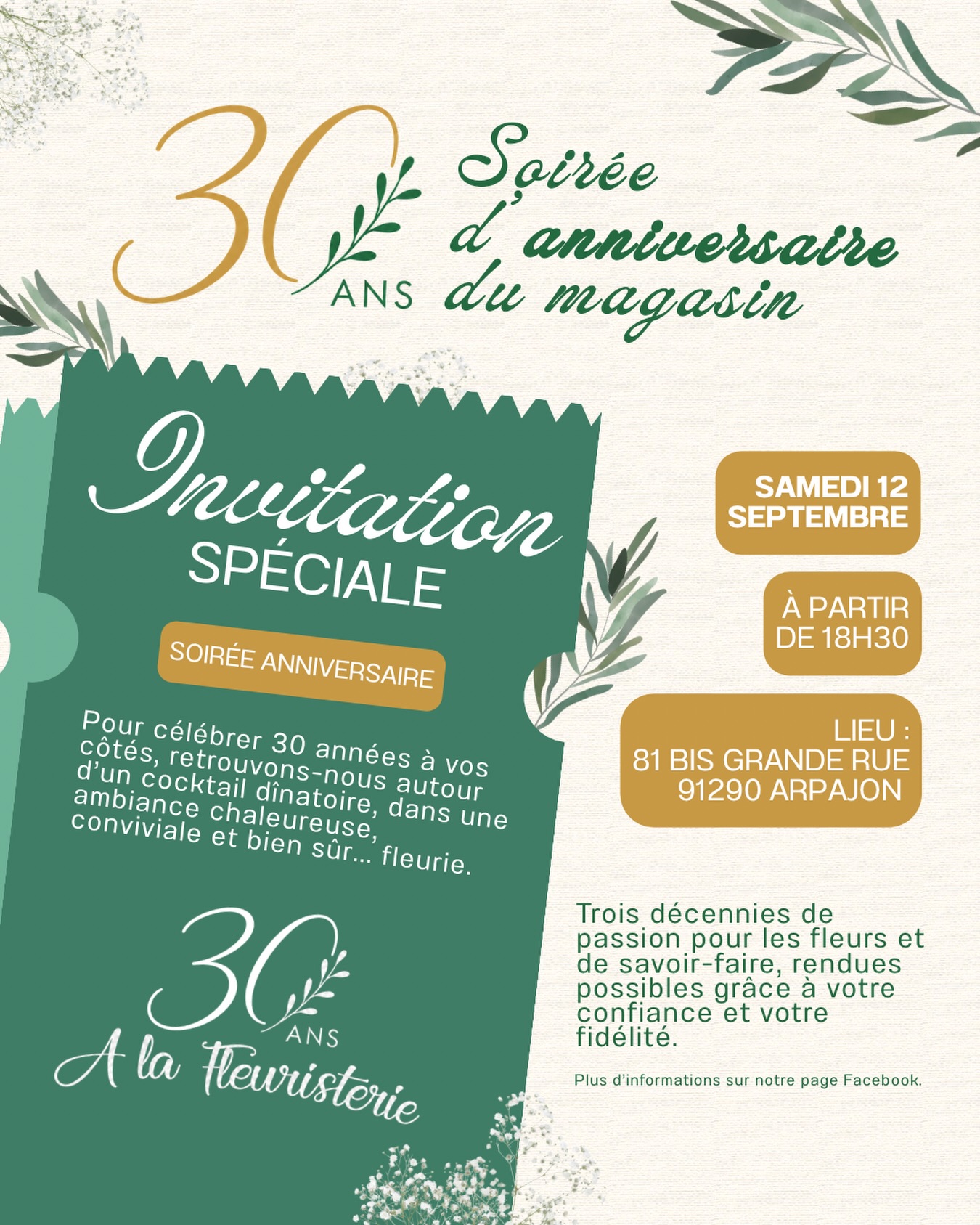 🎂 Save the date !
Pour fêter nos 30 ans, nous vous invitons le samedi 12 septembre pour un cocktail dînatoire en boutique à Arpajon 🌸
Une belle occasion de se retrouver et de partager un moment convivial ensemble 🥂
A la Fleuristerie
🚚 Livraison dans l'Essonne du mardi au samedi
📞 01 64 90 14 29
#fleurs #fleuriste #arpajon #essonne #anniversaire