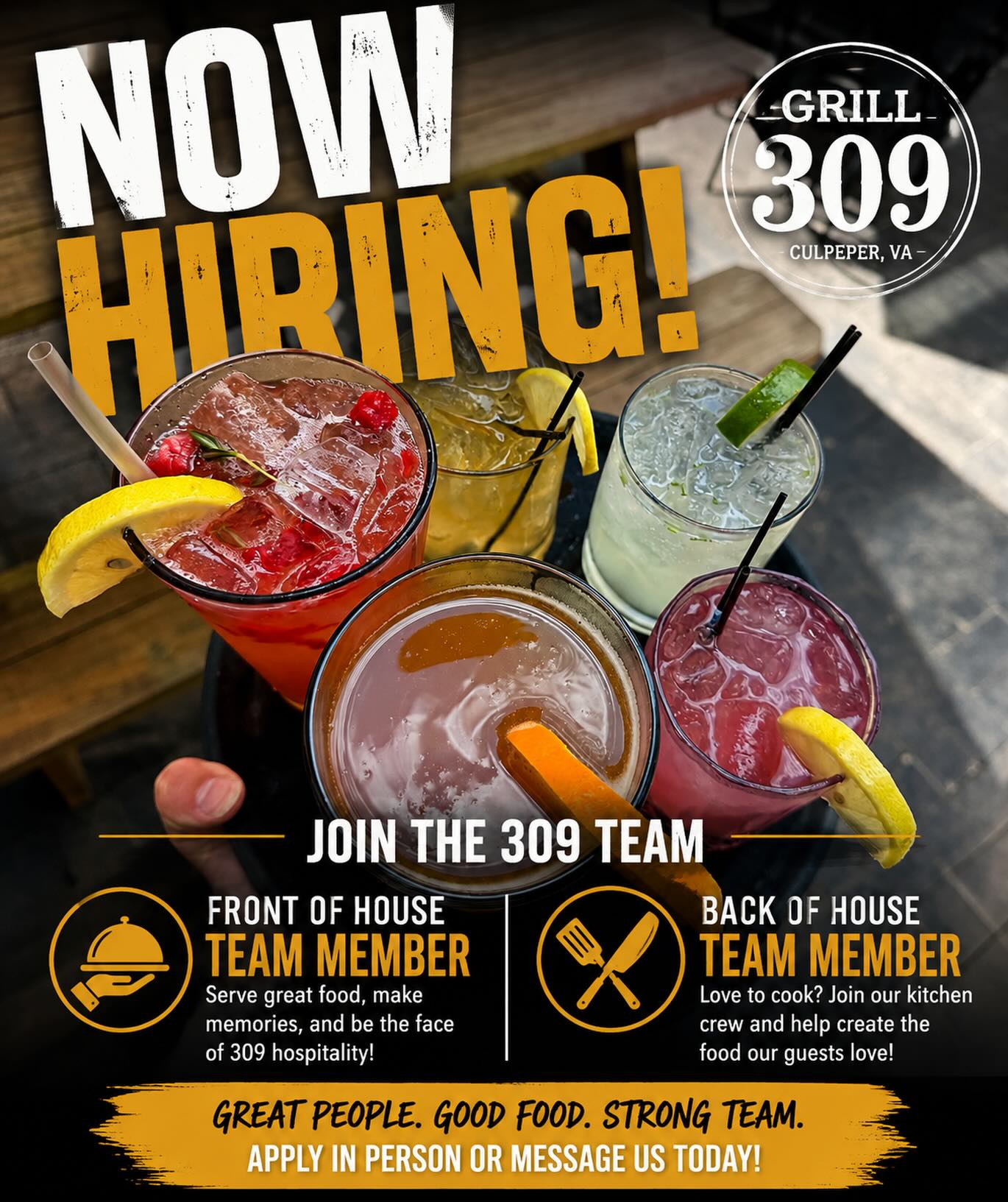 📣 NOW HIRING AT GRILL 309! 📣
We’re looking to add TWO awesome people to our 309 family!
🍽️ 1 Front of House Team Member
🍳 1 Back of House Team Member
We’re looking for dependable, hardworking people with a positive attitude who enjoy being part of a fast-paced, fun team. Restaurant experience is always a plus, but a great attitude and willingness to learn go a long way!
If you’re ready to join a great crew and become part of the Grill 309 family, we’d love to hear from you! 🖤💛
📍 Grill 309 | Culpeper, VA
👉 Stop by to apply in person or send us a message!
Please share and help us find our next team members!
#Grill309 #NowHiring #CulpeperVA #CulpeperJobs