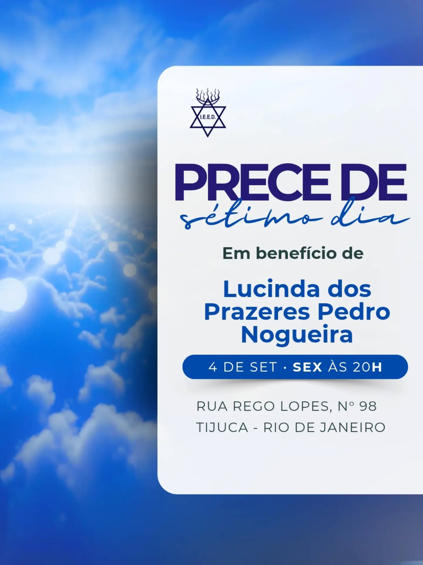 Convidamos a todos amigos e familiares para a Prece em benefício de Lucinda Prazeres Pedro Nogueira, mãe do Irmão José Pedro Nogueira, amanhã às 20H na Sede - Estrela D’Alva.