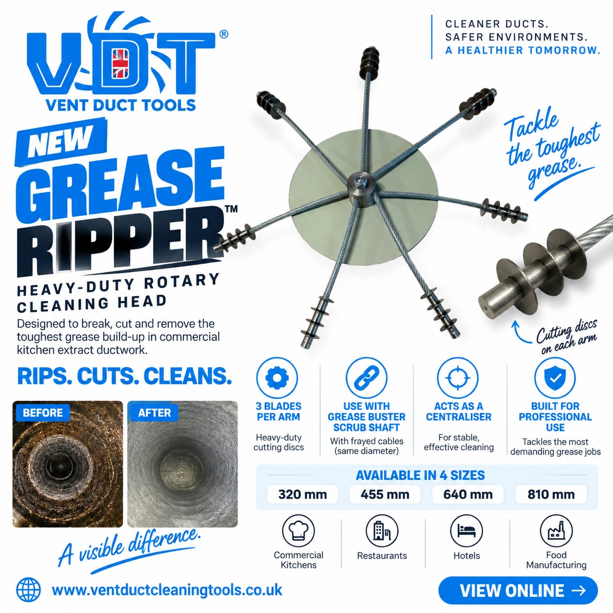 NEW FROM VDT — THE GREASE RIPPER 👊🏼
When the grease gets tough, it’s time to RIP. CUT. CLEAN.
The new VDT Grease Ripper is a heavy-duty rotary cleaning head developed for tackling stubborn grease build-up in commercial kitchen extract ductwork.
⚙️ 3 cutting discs per arm
💪 Built for heavy grease deposits
🎯 Best used with the Grease Buster Scrub Shaft, which also acts as a centraliser
📏 4 sizes: 320mm | 455mm | 640mm | 810mm
👨🔧 Designed for professional duct cleaning contractors
And as you can see from the before & after photos — the results speak for themselves.
RIPS - CUTS - CLEANS.
Available now from VDT.
Shop the Grease Ripper
#GreaseRipper #KitchenExtractCleaning #DuctCleaning #GreaseCleaning #VentDuctCleaningTools