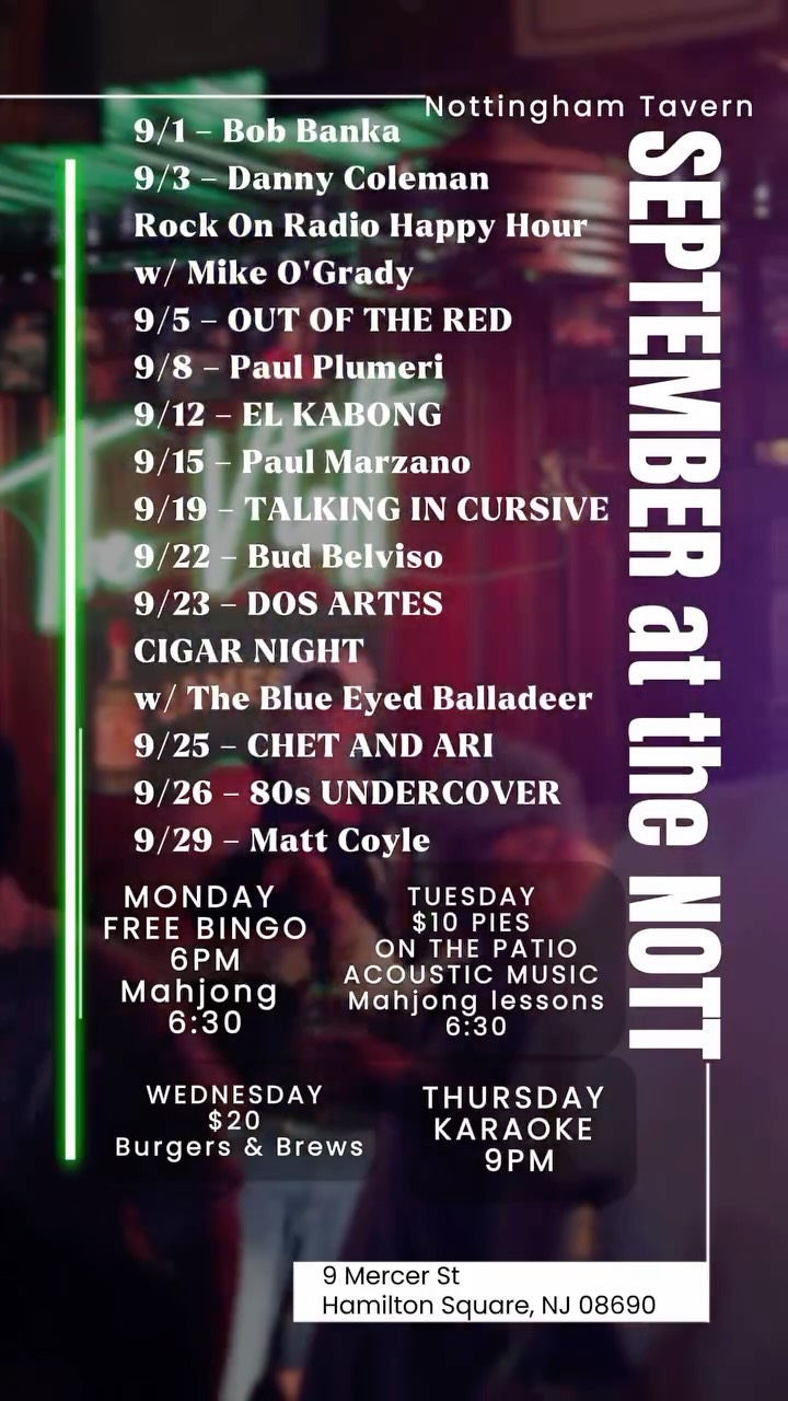 September at The Nott is LOADED. 🎶🍻
Live music. Local favorites. Cold drinks. And plenty of reasons to text the group chat, “Meet me at the Nott.”
9/1 – Bob Banka
9/3 – Danny Coleman Rock On Radio Happy Hour w/ Mike O’Grady
9/5 – OUT OF THE RED
9/8 – Paul Plumeri
9/12 – EL KABONG
9/15 – Paul Marzano
9/19 – TALKING IN CURSIVE
9/22 – Bud Belviso
9/23 – DOS ARTES CIGAR NIGHT w/ The Blue Eyed Balladeer
9/25 – CHET AND ARI
9/26 – 80s UNDERCOVER
9/29 – Matt Coyle
Save this post because “Wait… who’s playing at The Nott tonight?” is definitely going to happen. 😂
Tag the person who’s coming with you. 👇