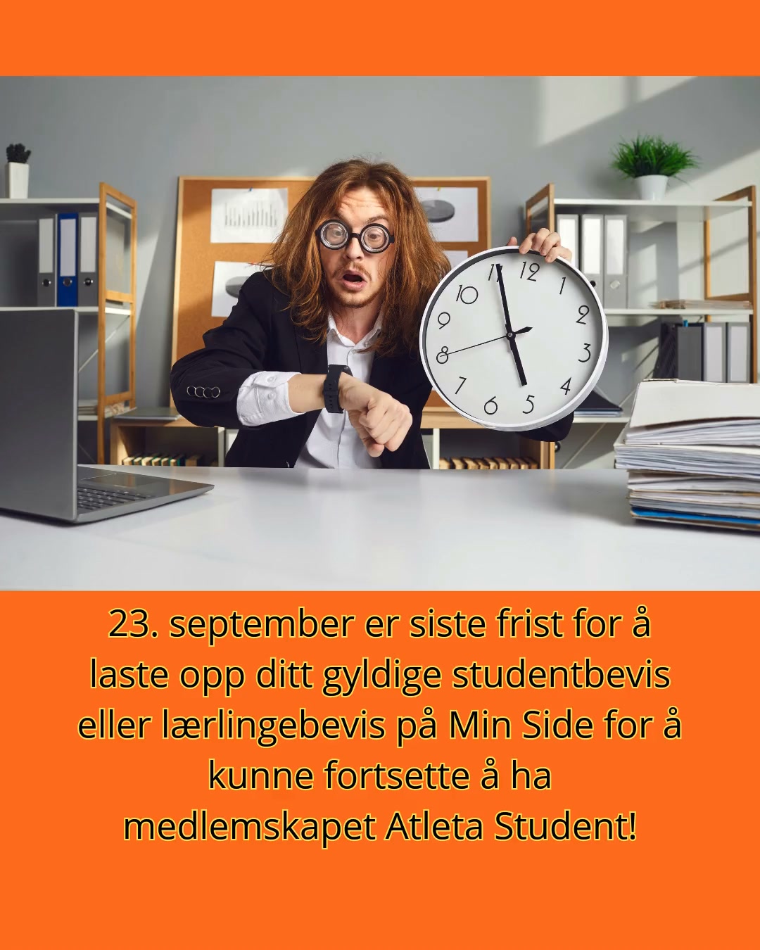 23. september er siste frist for å laste opp ditt gyldige studentbevis eller lærlingebevis på Min Side for å kunne fortsette å ha medlemskapet Atleta Student!
Vi forbeholder oss retten til å manuelt flytte Medlemskapet ditt over til Atleta Pluss i løpet av neste uke om dette mangler.
Dette gjør du veldig enkelt selv: Logg deg inn på Min Side, gå inn på “Mine opplysninger” og last opp et bilde av ditt gyldige studentbevis på “Endre profilbilde” allerede i dag! (Altså, i stedet for å laste opp et profilbilde av deg selv der, så laster du opp et bilde av ditt gyldige student-/ lærlingebevis). 😊