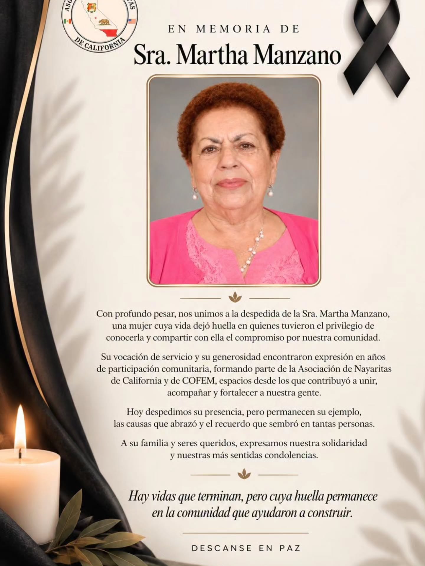 Hoy nuestra comunidad está de luto por la partida de la Sra. Martha Manzano, una mujer que dedicó parte de su vida a servir, apoyar y caminar junto a los demás.
Quienes compartieron momentos con ella recordarán no solamente lo que hizo, sino también la persona que fue: su generosidad, su entrega y el cariño con el que acompañó a su comunidad. Su paso por nuestras vidas nos recuerda que el verdadero legado de una persona permanece en las vidas que tocó y en el bien que dejó a su alrededor.
Desde COFEM, abrazamos con mucho cariño y respeto a su familia, amistades y a todas las personas que hoy sienten su ausencia. Que encuentren consuelo en los recuerdos compartidos y en saber que su vida tuvo un significado profundo para muchas personas.
Gracias, Sra. Martha, por tantos años de entrega y por todo lo que sembró en nuestra comunidad. Su recuerdo seguirá con nosotros.
Que descanse en paz. 🕊️
