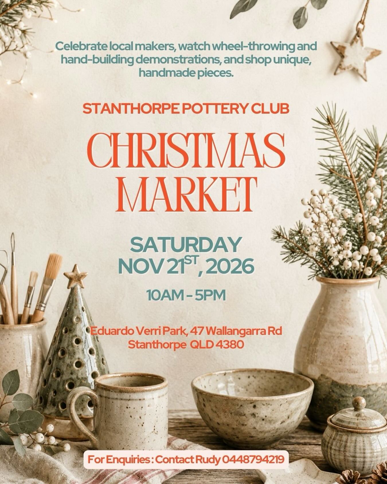 🎄✨ SAVE THE DATE! ✨🎄
The Stanthorpe Pottery Club Christmas Market is coming! 🏺🎁
Join us for a day celebrating local makers, handmade treasures and the incredible creative community of the Granite Belt.
✨ Browse beautiful handmade ceramics & creations
✨ Support local makers
✨ Find a truly special, one-of-a-kind Christmas present for someone you love ❤️
📅 Saturday 21st November 2026
⏰ 10am–5pm
📍 Eduardo Verri Park, 47 Wallangarra Rd, Stanthorpe
Skip the ordinary Christmas shopping and discover something handmade, meaningful and made locally. 🎁✨
Pop it in your calendar & we’ll see you there!