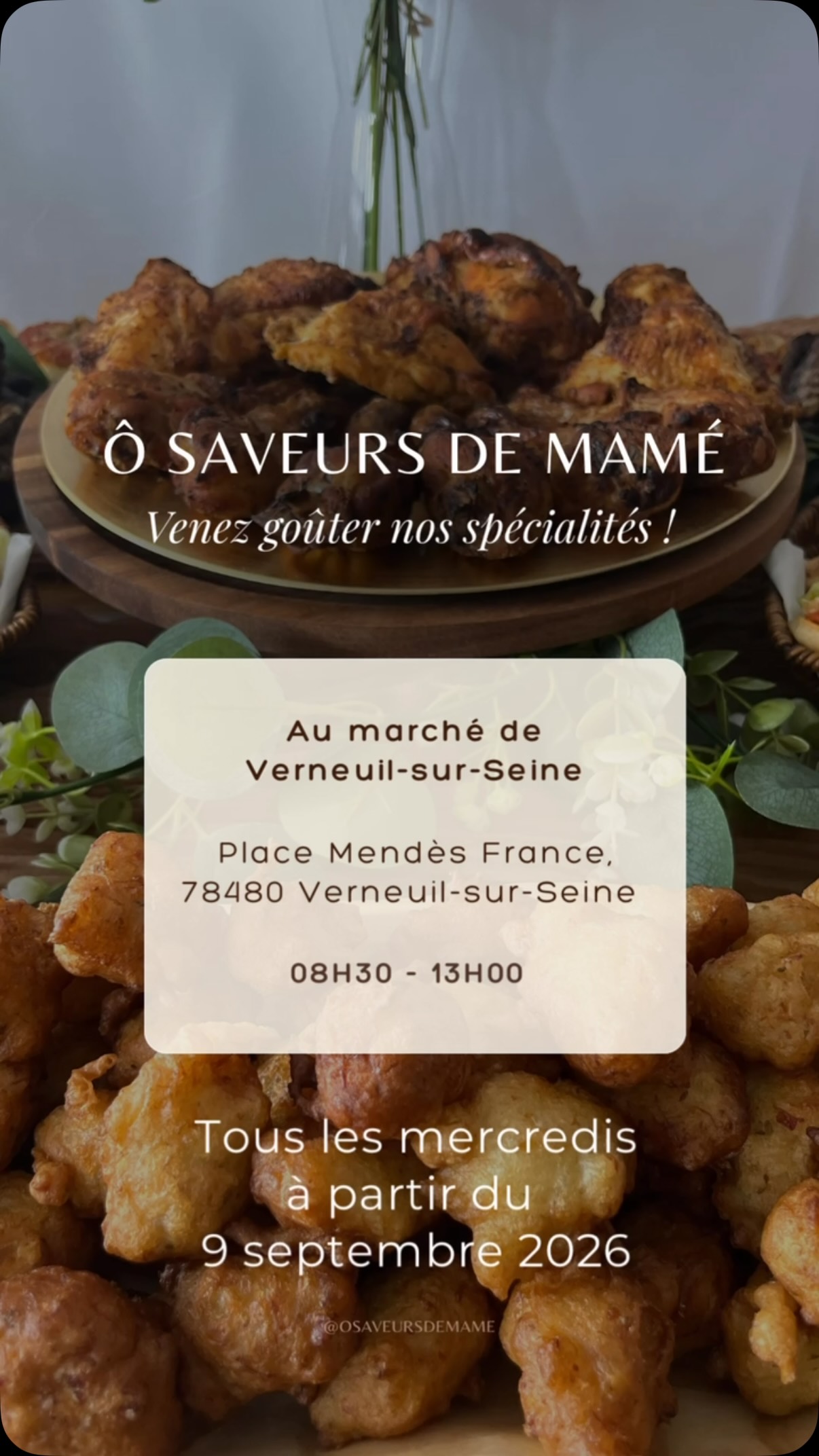 Venez goûter nos spécialités ✨
Accras, agoulou, wings, pomme cannellle, et plein d’autres surprises 🔥
N’hésitez pas à liker, partager et enregistrer la vidéo pour avoir toutes les infos :
Nous serons présents les mercredis matin entre 8h30 et 13h au marché de Verneuil-sur-Seine (78).
Une demande spéciale ?
Contactez-nous ⬇️
💌 en DM, SMS ou Whatsapp (en bio)
📧 par mail (en bio)
🌐 via le formulaire de demande de devis (lien en bio)
#osaveursdemame #brunch #foodlover #traiteurantillais #traiteurparis