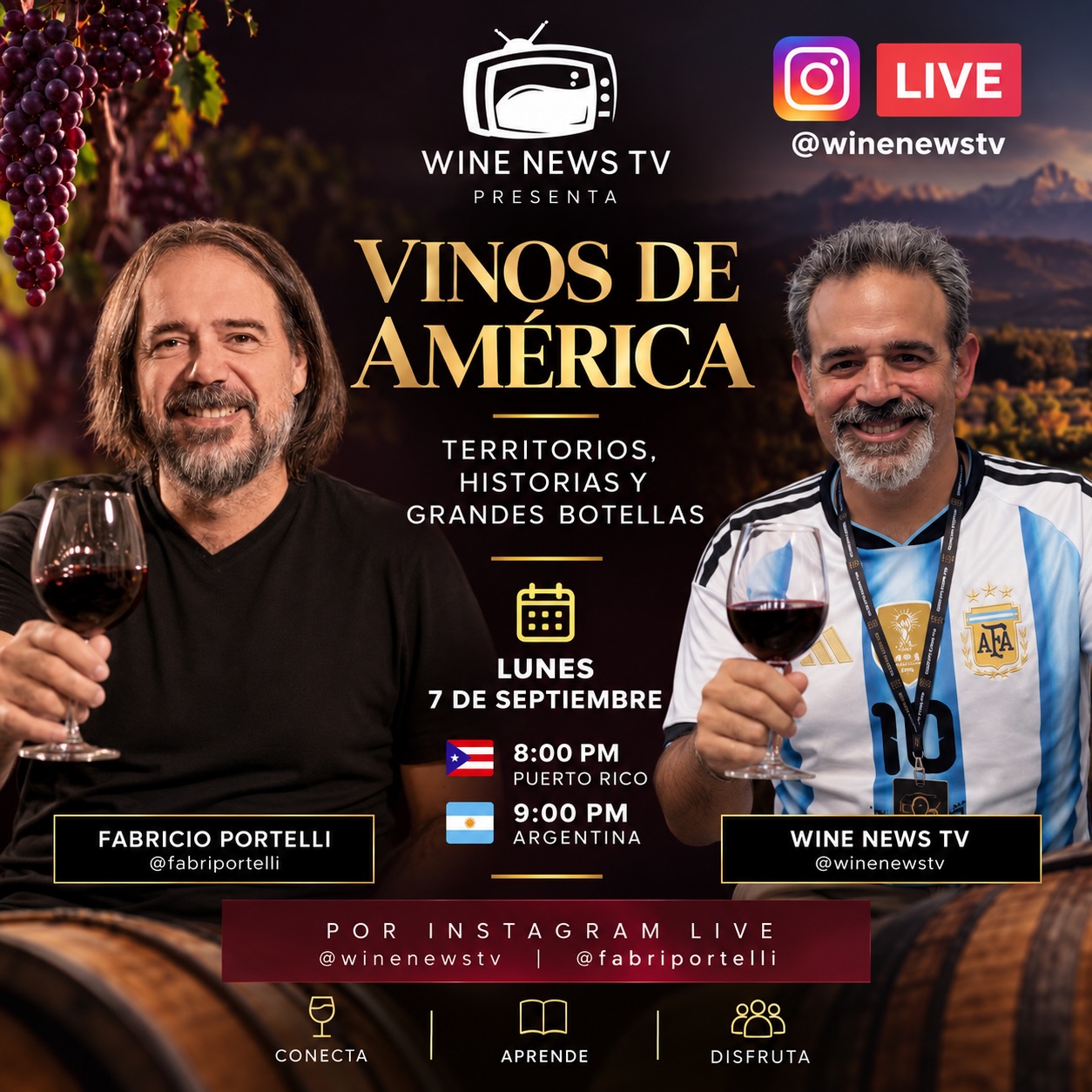 👆🏻Charla hoy con @fabriportelli sobre su nuevo programa🍷
Sintoniza esta #charla #envivo para hablar del nuevo concepto “Vinos de América”, desde el cual se encara el mundo del #vino a través de la mirada de un gran comunicador de #argentina. Ocho pm hora de #puertorico.
¿Qué le preguntarías a Fabricio?