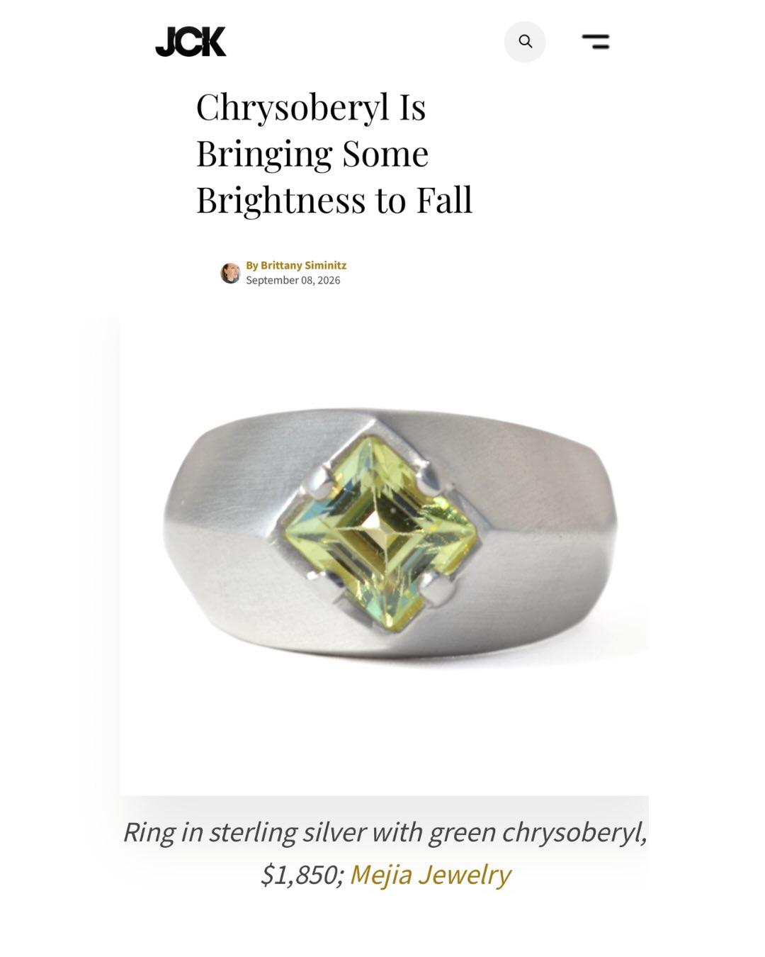 Thank you @bsiminitz and JCK Magazine for including my chrysoberyl ring in your recent article about chrysoberyl jewelry! This color is truly magical: chartreuse 💚💛, a mixture of neon green and yellow that brings an electric zing ⚡️ to the piece. I love it so look out for more from me featuring this color 😊
✨
Are you a fan?