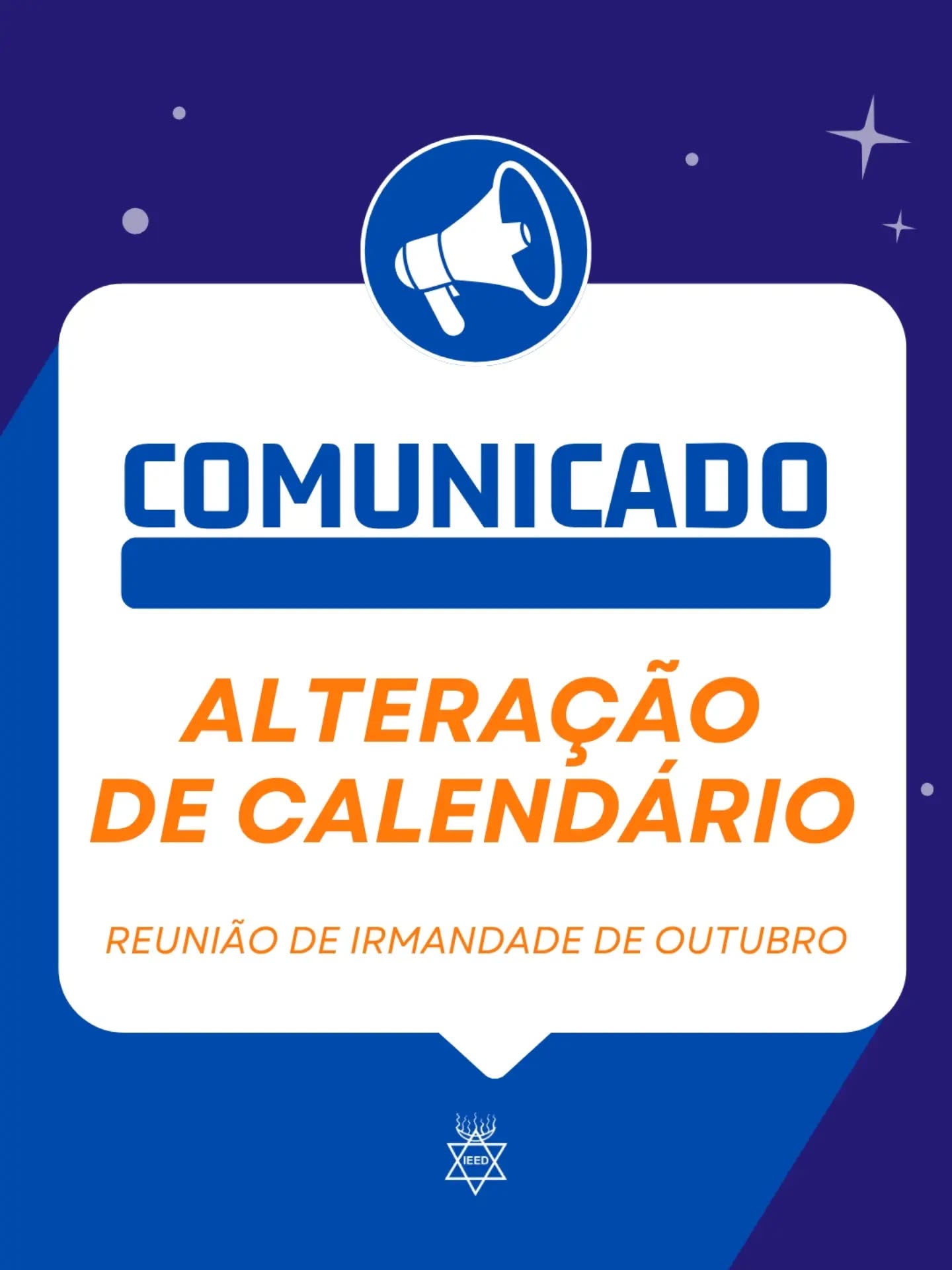 📢 COMUNICADO DE ALTERAÇÃO NO CALENDÁRIO
Informamos a todos os irmãos que, por determinação do Supremo Conselho Sacerdotal, a Reunião de Irmandade do mês de outubro foi transferida da data originalmente prevista, 10/10, para a nova data abaixo.
📅 Sábado, 03 de outubro
🕗 20h30
📍 Sede - Estrela D'Alva, Rua Rego Lopes 98
Pedimos a especial atenção de todos para a mudança e contamos com a presença da Irmandade.
#IEED #IrmandadeEspiritualEstrelaDalva #ReuniaoDeIrmandade #Comunicado