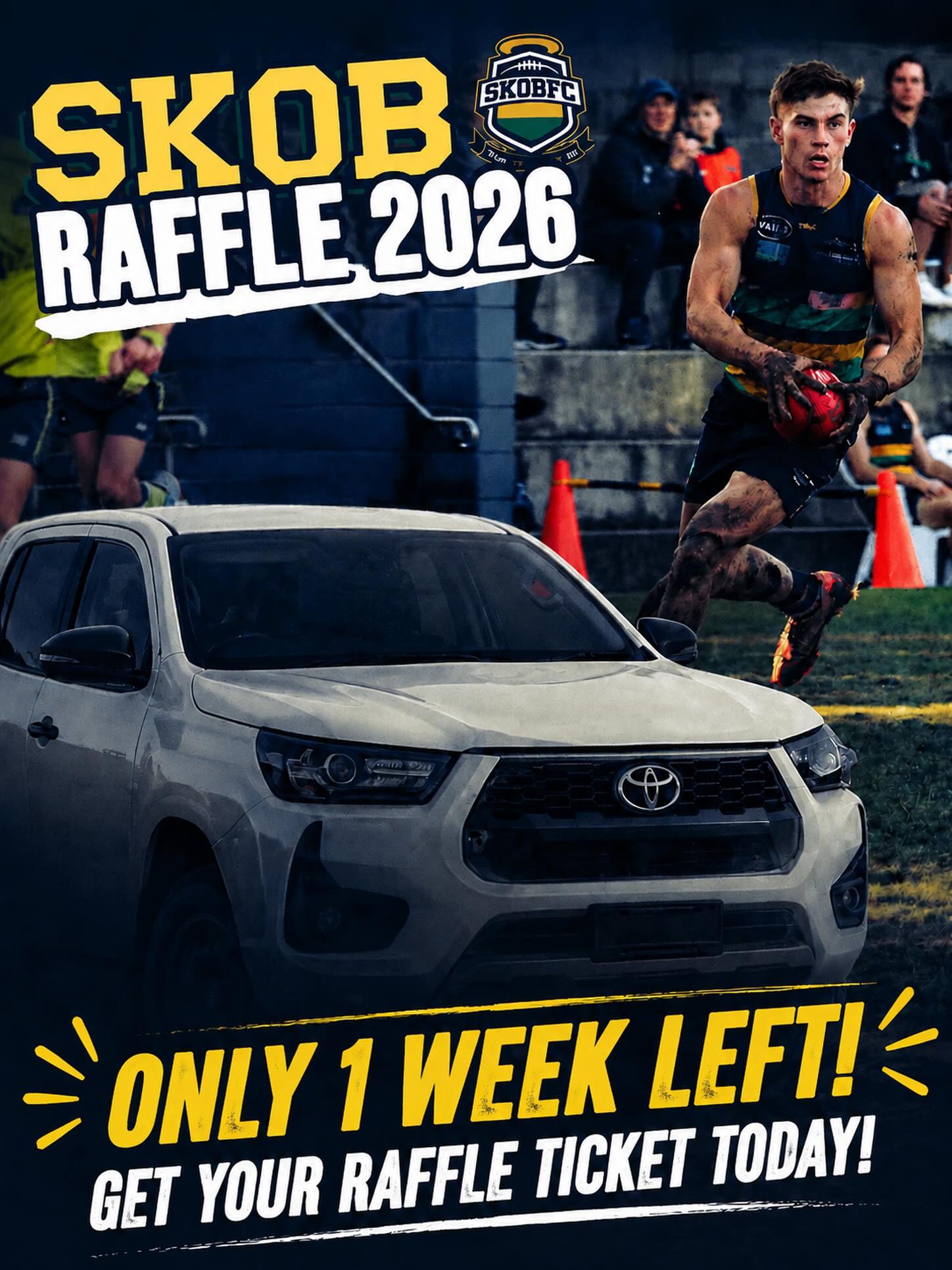If you have not bought a ticket yet β¦ the SKOB major raffle is entering its final week!
THIS FUND RAISER IS CRITICAL to help fund new lights.
Our Seniors had to train at Righetti Oval a few weeks ago after the lights at TH King would not start! This is a ridiculous situation for a Premier Division VAFA club. We need to sell 200 tickets in the next 7 days to guarantee adequate lights in 2027.
The raffle is a ripper: a $64,000 Toyota Hilux - get on board, buy a ticket and support SKOB!
See link in bio to purchase!!
#goSKOBπππ @chadstonetoyota