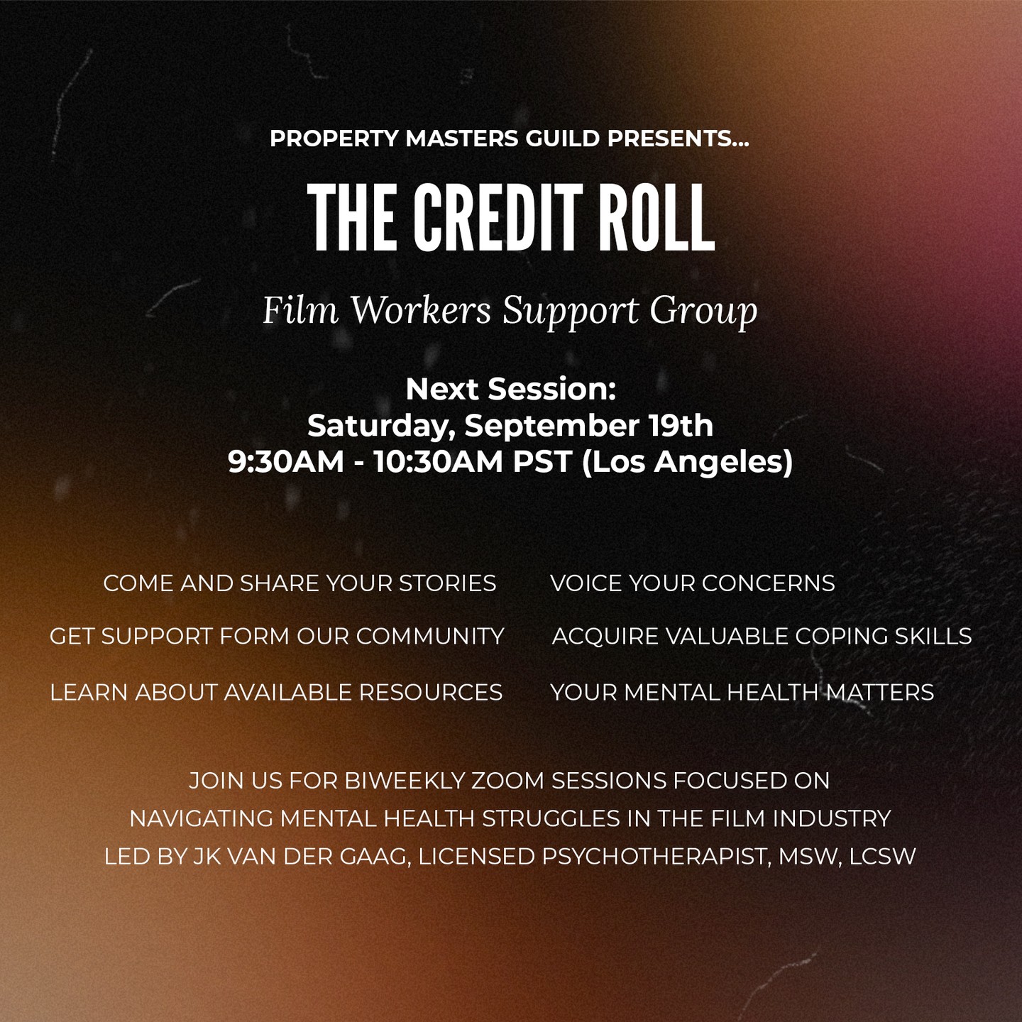 Join us for our Credit Roll Program via Zoom. We are continuing with our program of biweekly sessions on Saturdays at 9:30AM PST (Los Angeles). Our Program will continue until September 19th.
The Property Masters Guild understands that we are in a difficult period with the state of the industry. We're here to help.
Come and share your stories, voice your concerns, get support from our community, acquire valuable coping skills and learn about available resources.
Your Mental Health Matters.
This program is open to all those who work in the entertainment industry, across all departments - members & non-members.
Register through the link in our bio.