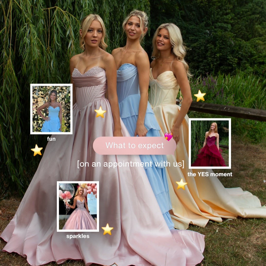 How an appointment with us works ✨
1. When you enter the store you will be greeted by a member of staff, she will confirm your booking with us and talk over any previous shopping and/or any design or colour preferences. She will give you the shop tour and let you know of all important information.
2. You will be given a rail for all your dress selections, where you can pick as many as you like to try during your 1.30 mins in the changing rooms. (We recommend trying one of each shape to confirm your preference)
3. Our advisors split your tried on dresses into two sections, Maybe or No. (Don’t be afraid to let us know if you don’t like something, it helps us organise)
Once all our initial selections have been tried; if your style adviser feels there is a dress you should 100% choose, they will ask if you would like to see these options. You will also have time to revisit the racks if you feel you are missing THE dress.
3. It’s the one!!
If you find your perfect dress, get some pictures of the group chat and let your besties know!
If you decide to have a think about your choices, your stylist will write down all your favourites 3 on file so we know what you like if you choose to revisit.
Thank you for visiting us and we hope you and your party had the best time! 💖