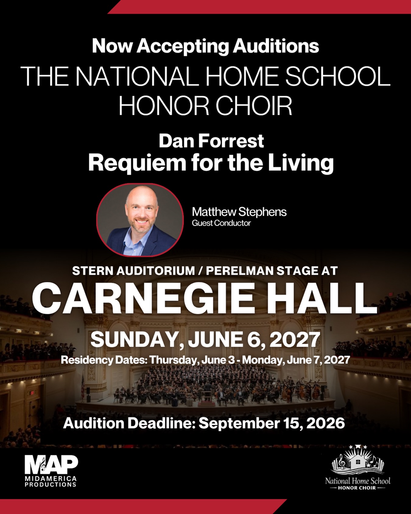 ⏰ DEADLINE REMINDER - SEPTEMBER 15! 🎶
There’s still time to audition for the National Home School Honor Choir and perform Dan Forrest’s Requiem for the Living at Carnegie Hall’s Stern Auditorium / Perelman Stage in June 2027!
🎵 Students from across the nation are invited to be part of this extraordinary musical experience under the direction of guest conductor Matthew Stephens, organized by Candace Wicke.
🗓️ Deadline: September 15, 2026
🎭 Performance: June 6, 2027
✈️ Residency: June 3–7, 2027
Don’t miss your chance to sing on one of the world’s most iconic stages alongside talented homeschool singers from across the country!
👉 Learn more and submit your audition:
🌐 link in bio or visit midamerica-music.com/nhhc
#NationalHomeSchoolHonorChoir #CarnegieHall #DanForrest #Auditions #HomeschoolChoir ChoralMusic YoungSingers
