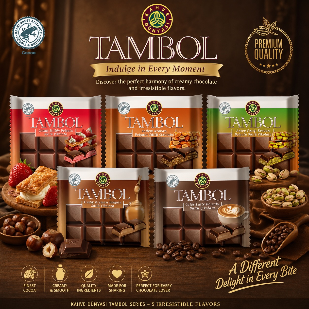 🍫✨ Meet the NEW TAMBOL Series by Kahve Dünyası! ✨🍫
A delicious collection where rich, creamy chocolate meets irresistible fillings. 🤎
Discover 5 indulgent flavors:
🍓 Strawberry Mille-Feuille
🌰 Almond Brittle
💚 Antep Pistachio Brittle
🥜 Hazelnut Cream
☕ Caffè Latte
A different delight in every bite! 😍
Now available in Qatar 🇶🇦
#KahveDunyasi #Tambol #TambolSeries #TurkishChocolate #ChocolateLovers