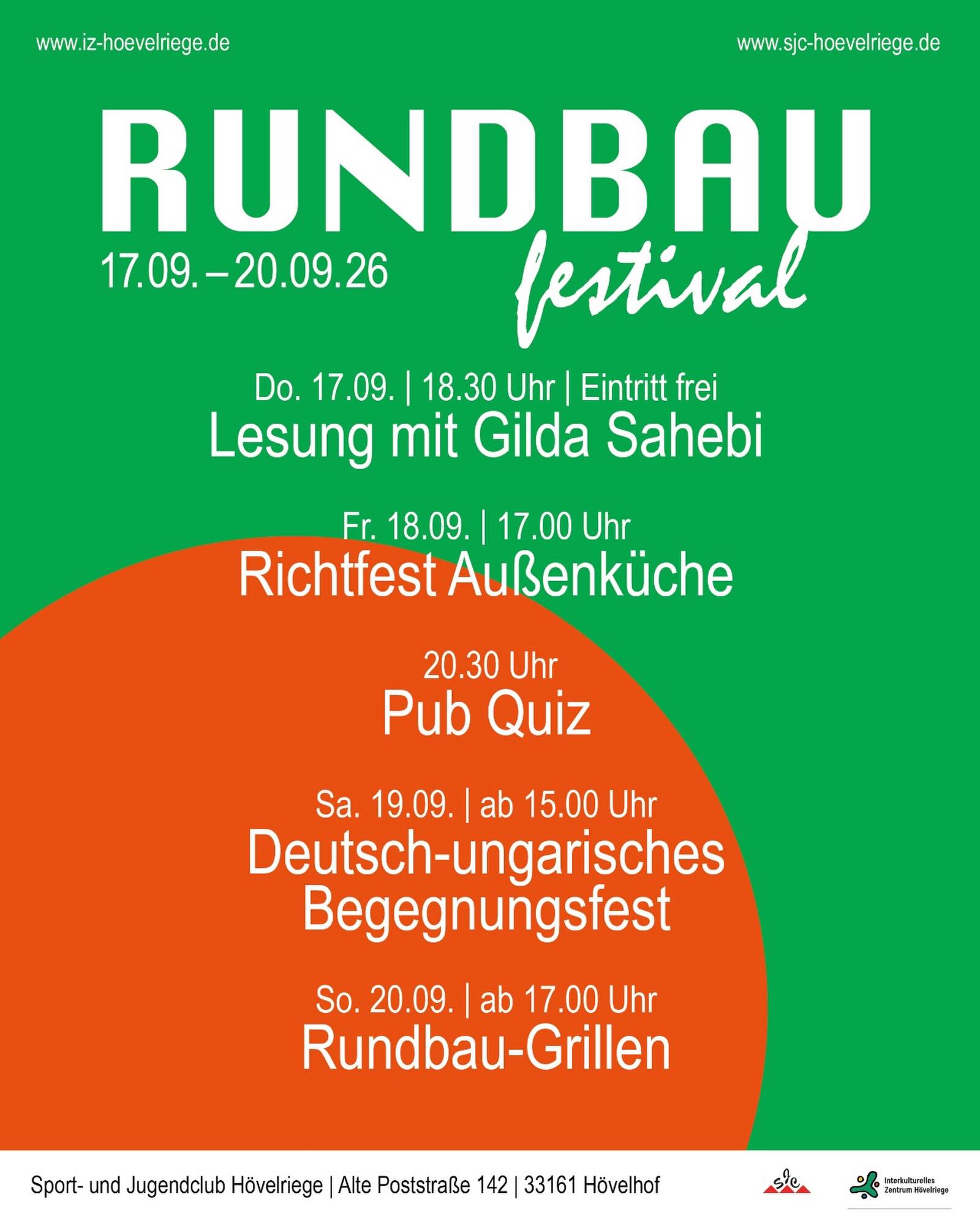 🎉 Rundbau-Festival feiert die fünfte Auflage! 🇭🇺🤝🇩🇪
Vom 17. bis 20. September wird wieder gemeinsam gefeiert, gelacht, diskutiert, gegessen und Sport gemacht. Vier Tage lang stehen Kultur, Sport und Begegnung im Mittelpunkt.
Und in diesem Jahr gibt es eine besondere Premiere: Zeitgleich zum Festival besuchen ungarische Schüler*innen das Sportgelände. Deshalb wird der Samstag zum deutsch-ungarischen Begegnungstag. 🇭🇺🇩🇪
📚 Donnerstag, 17.09. | 18:30 Uhr
Das Festival startet mit einer Lesung von Gilda Sahebi. Die Journalistin stellt ihren SPIEGEL-Bestseller „Verbinden statt Spalten“ vor und beschäftigt sich darin mit Politik der Spaltung, Polarisierung und Fake Facts.
🔥 Freitag, 18.09. | ab 17 Uhr
Wir stoßen gemeinsam auf unsere neue Außenküche an! Beim Richtfest feiern wir einen neuen Ort für kulinarische Feste unter freiem Himmel.
🧠 Ab 20:30 Uhr heißt es dann wieder: Pub Quiz mit Timo Bergmann!
🤝 Samstag, 19.09. | ab 15 Uhr
Der deutsch-ungarische Begegnungstag steht ganz im Zeichen des Austauschs: Bei Volleyball, Fußballtennis & Co. wird gemeinsam Sport gemacht.
🎶 Ab 18 Uhr präsentieren die ungarischen Schüler*innen traditionelle Tänze und Musik. Dazu gibt es ungarisches Gulasch aus dem Kessel.
🍹 Ab 20 Uhr wird bei der Party mit Cocktails gemeinsam gefeiert!
🌱 Sonntag, 20.09. | ab 17 Uhr
Zum Abschluss wird beim vegetarischen Grillen noch einmal gemeinsam gegessen, geredet und das Festivalwochenende entspannt ausklingen gelassen.
Vier Tage. Viele Begegnungen. Ein Rundbau. ❤️
Wir freuen uns auf euch!
📍 Sportgelände
📅 17.–20. September
#RundbauFestival #Rundbau #Festival #Begegnung #Kultur Sport Gemeinschaft DeutschUngarischeBegegnung Ungarn PubQuiz