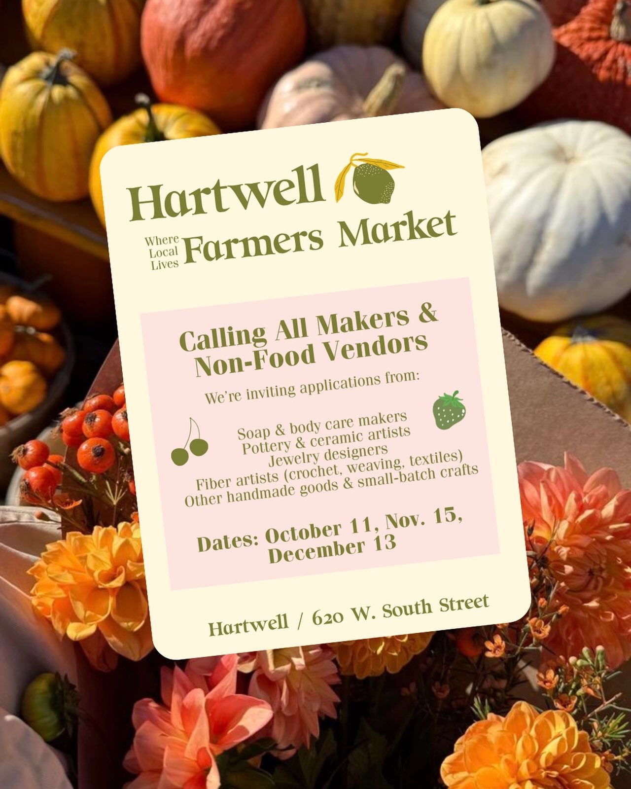 Farmer’s Market apps now open to craft vendors and artists! Application link in our bio!