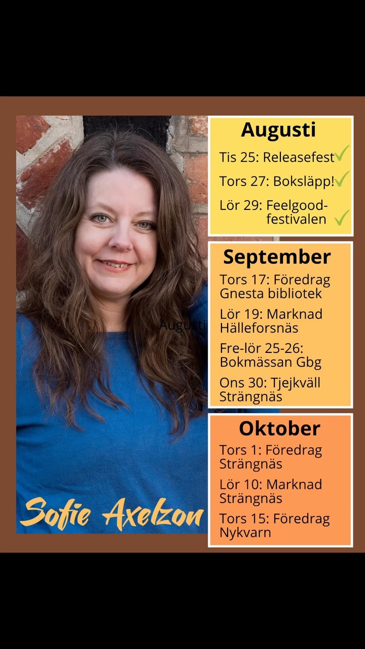 Det händer mycket nu under hösten och jag är så tacksam för alla platser jag får komma till och prata om mina böcker och mitt författarskap! 📚✨🤩
September:
Tors 17: Föredrag Gnesta bibliotek
Lör 19: Marknad Hälleforsnäs
Fre-lör 25-26: Bokmässan Göteborg
Ons 30: Tjejkväll Strängnäs
Oktober:
Tors 1: Föredrag med anledning av gymnasiet 400 år, Multeum Strängnäs
Lör 10: Stor marknad Strängnäs
Tors 15: Föredrag seniormässa Nykvarn
Jag och en massa signerade böcker kommer att finnas på alla dessa platser! Hoppas vi ses någonstans!
#brevfråndetförflutna #historiskamedia #bonnierförlagen #författare #skrivliv