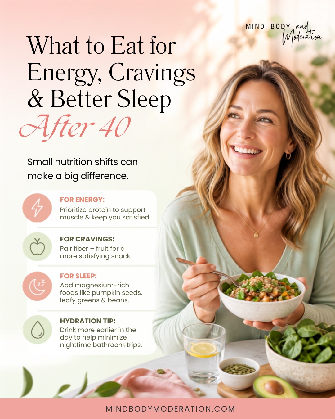 Nutrition after 40 isn’t about eating less, it’s about giving your changing body more of what it needs. 🌿
Prioritizing protein can help with fullness and maintaining muscle, while magnesium-rich foods can be a nutritious addition to your evening routine. Staying hydrated earlier in the day may also help you meet your fluid needs without drinking as much right before bed.
And when cravings hit? Try pairing a fiber-rich food with fruit for a more satisfying snack. 🍓
Better energy, cravings, and sleep aren’t usually about one “magic” food. They’re about creating consistent patterns that support your body.
#WomenOver40 #NutritionOver40 #WomensNutrition #HealthyAging #ProteinForWomen