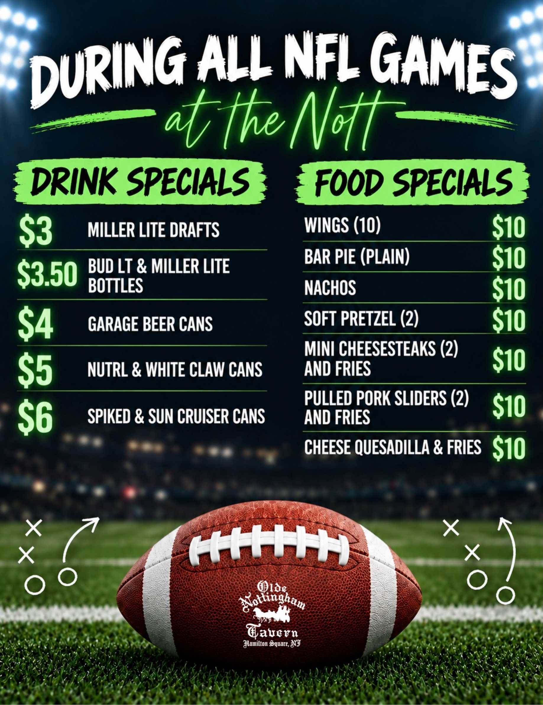 🏈 Football tastes better at The Nott. 🍻
Your team might let you down… but these game-day specials won’t. 😂
During ALL NFL games, we’ve got drink specials starting at $3 and a full lineup of $10 game-day food:
🍗 10 Wings
🍕 Plain Bar Pie
🧀 Nachos
🥨 2 Soft Pretzels
🥩 2 Mini Cheesesteaks & Fries
🐷 2 Pulled Pork Sliders & Fries
🧀 Cheese Quesadilla & Fries
Plus Miller Lite drafts, Garage Beer, White Claw, NÜTRL, Sun Cruiser and more on special.
Bring the crew. Grab a seat. Yell at the TV like the coaches can hear you. 😂
Meet me at the Nott for football. 🏈🍻
Who are you rooting for this season? 👇