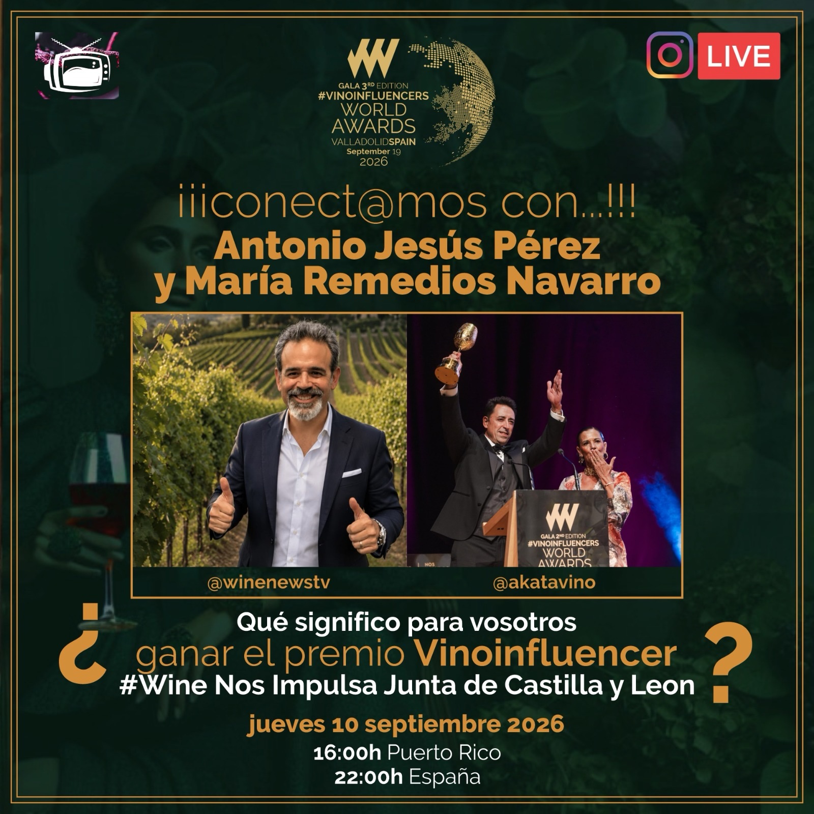 🇪🇸Charlamos hoy con @akatavino - sintoniza🍷
Ganadores en la segunda edición de @vinoinfluencers del premio que otorga la Junta de Castilla y León @juntadecastillayleon. Nos vemos más tarde amigos. Cada vez menos para la tercera edición de #vinoinfluencers.
#vino #vinoespañol #influencers #castillayleon