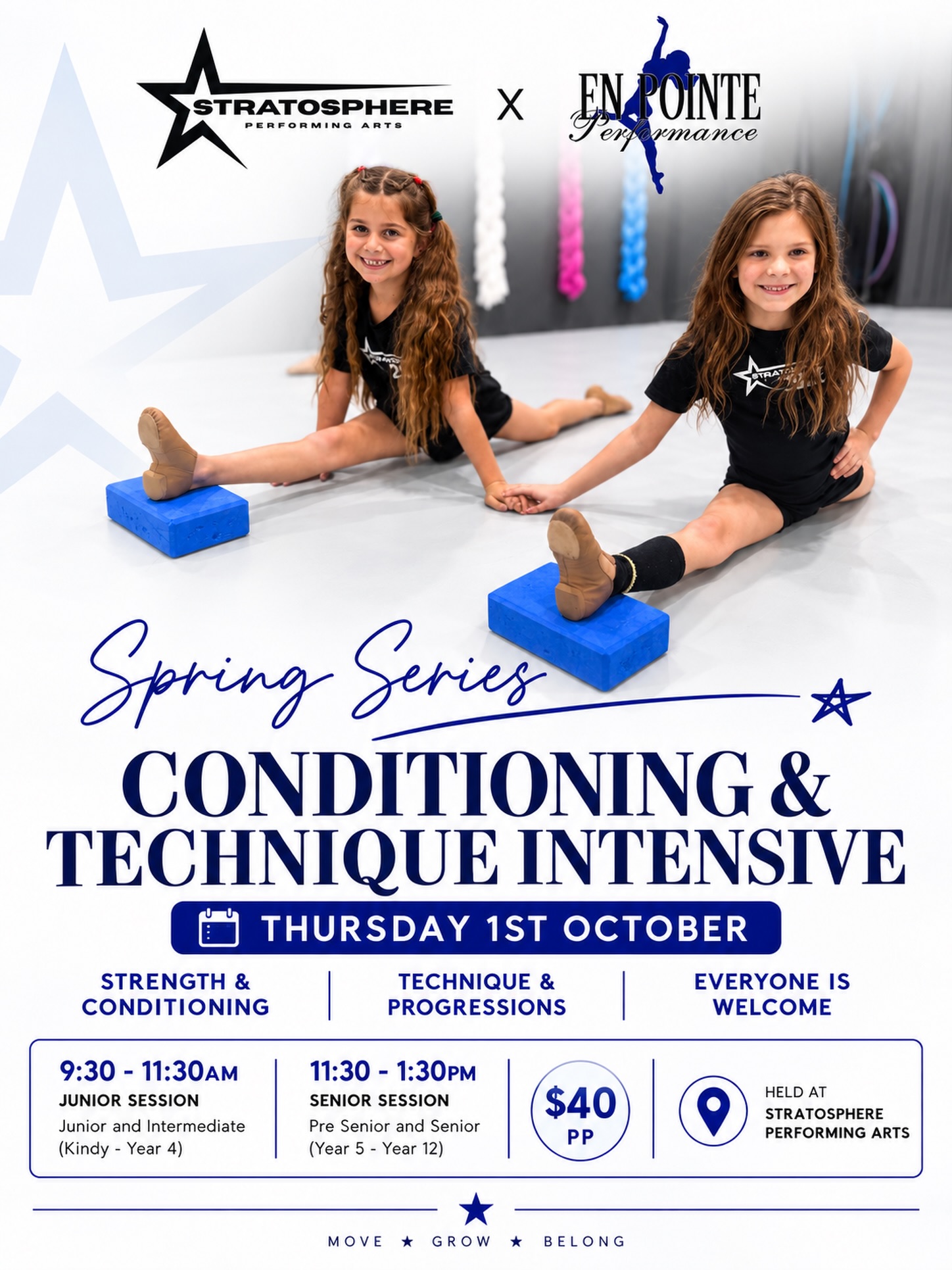 Our Spring Series is here! 🌸✨
We are so excited to welcome En Pointe Performance to Stratosphere Performing Arts for a special Conditioning & Technique Intensive these school holidays. En Pointe Performance combines strength and technique training with a Physio science-backed approach, helping dancers move stronger, smarter and with greater control.
This workshop is designed to help dancers build strength, refine technique and work through progressions in a focused, supportive environment.
Everyone is welcome — you do not need to be a current Stratosphere student to attend!
📅 Thursday 1st October
Junior Session Junior & Intermediate dancers (Kindy–Year 4): 9:30am–11:30am
Senior Session Pre Senior & Senior dancers (Year 5–Year 12): 11:30am–1:30pm
📍 Stratosphere Performing Arts
💰 $40 per dancer
Stratosphere x En Pointe Performance ✨
Spots are limited, so secure your place here:
https://www.trybooking.com/DPOGA