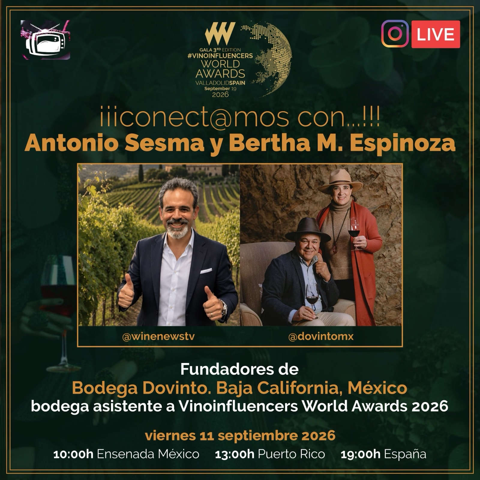 🎙️Charlamos con otra bodega que va a @vinoinfluencers🇪🇸
Ya mismo con @dovintomx y en una semana juntos en #valladolid para vernos con cientos de #vinoinfluencers en la tercera edición de estos #premios a nivel mundial. Con mucho entusiasmo de conocer más sobre el #vinomexicano #mexico