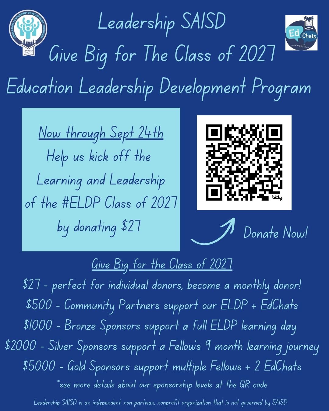 Join #LSAISD during @thebiggivesa to Give Big for the #ELDP Class of 2027! $27 helps us Kick Off the Learning and Leadership of our Fellows- Give Big(ger) to sponsor a Cohort Fellow, a day of learning, and our #EdChats. Donate at the link in our bio and join us for a social on 9/24 to Give Big for the #ELDP Class of 2027 during @thebiggivesa #informtransform