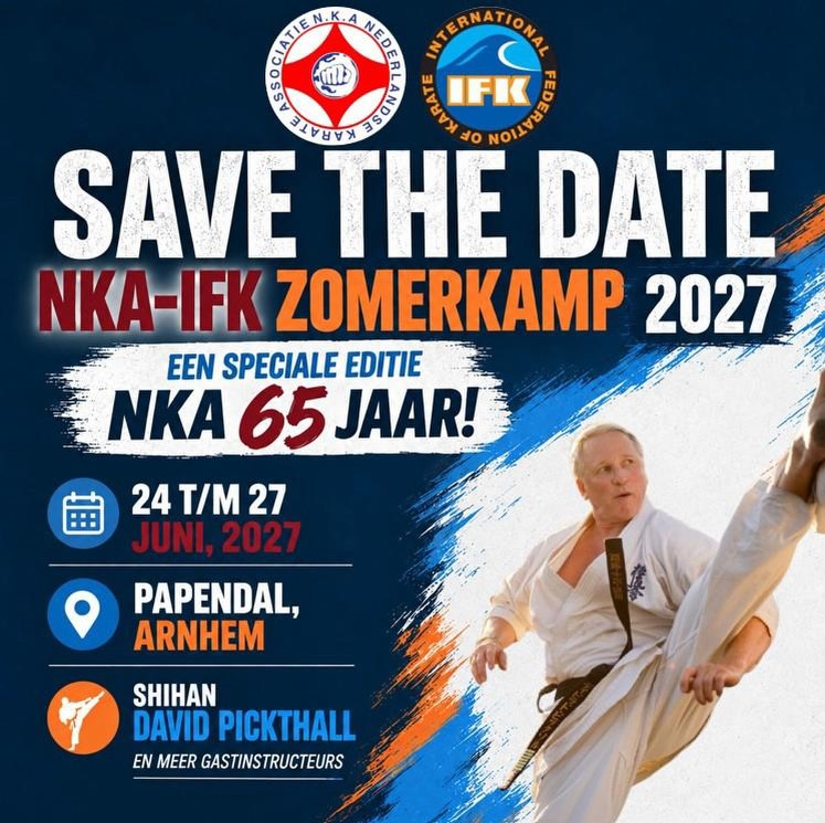 π₯³ Save the date - zomerkamp 2027 π₯³
In 2027 vieren we het 65-jarig jubileum van de NKA, en dat doen we met een extra bijzondere jubileumeditie van ons zomerkamp!
Het kamp duurt vier dagen en start al op donderdagavond. Binnenkort volgt meer informatie, maar houd de data alvast vrij:
π 24 - 27 juni
Het belooft een bijzondere editie te worden op Papendal, met verschillende gastinstructeurs, waarover onze eerste gastinstructeur Shihan David Pickthall πͺπΌ
