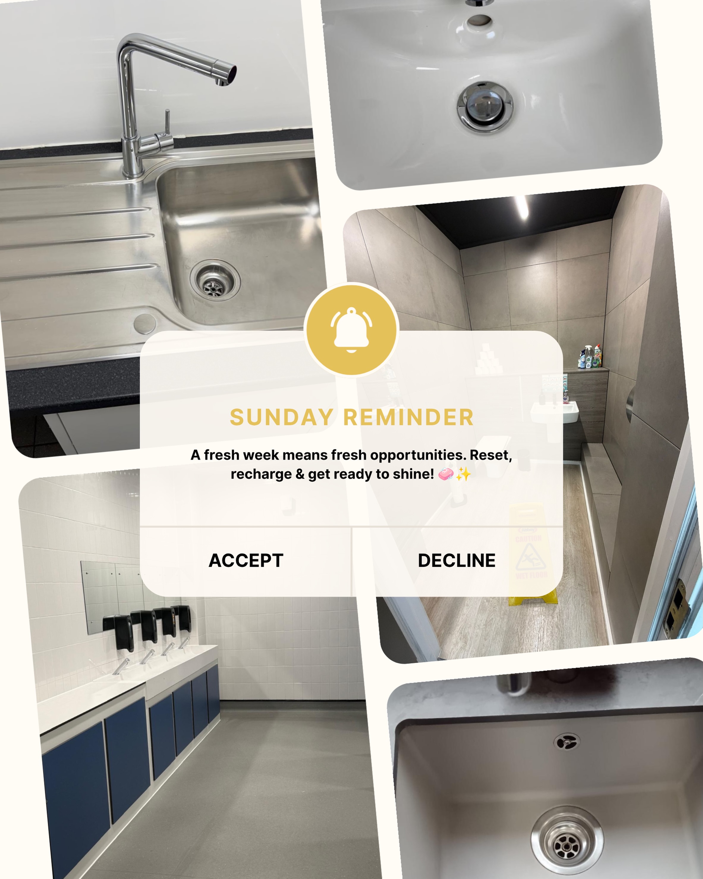 Sunday reminder ✨
A fresh week means fresh opportunities. Reset, recharge & get ready to shine! 🧼✨
Sundays are for slowing down, resetting and getting ready for everything the new week has to offer. 💫
We’re recharged and ready for another busy week of creating cleaner, fresher and healthier spaces for our clients. 💪🏼🫧
Here’s to a positive & productive week ahead! 🤍
#SundayReminder #FreshStart #NewWeek #CommercialCleaning #ProfessionalCleaning