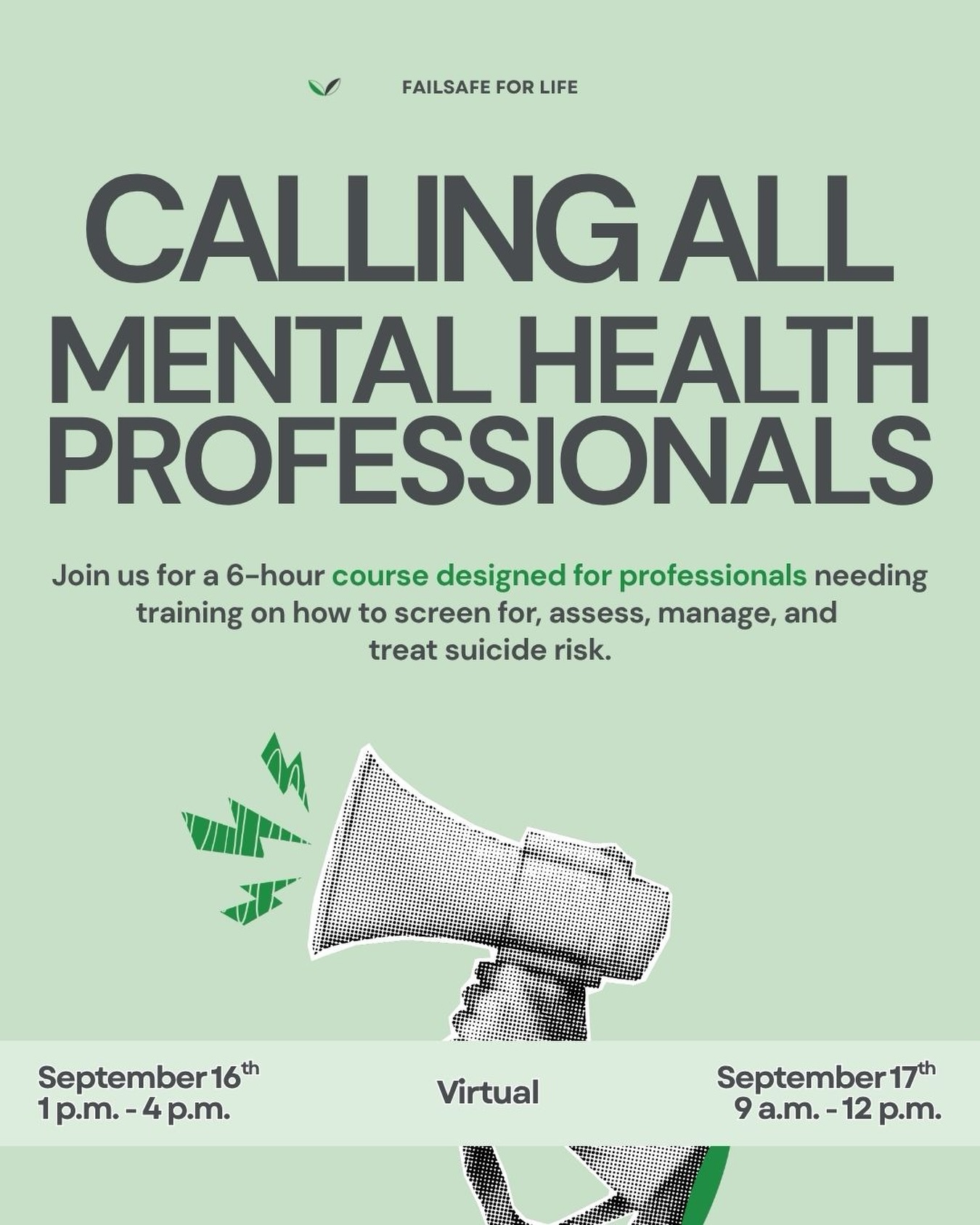 What do you do when a client is experiencing a suicide emergency?
Knowing how to respond can make all the difference.
Join FailSafe for Life virtually next week for Helping Your Client Through a Suicide Emergency, a two-part training focused on recognizing suicide risk, responding with confidence, and connecting clients to appropriate support.
💻 VIRTUAL TRAINING
📅 Wednesday, September 16 | 1–4 PM
📅 Thursday, September 17 | 9 AM–12 PM
Topics include suicide risk and protective factors, warning signs, intervention, risk assessment, safety planning, lethal means restriction, treatment options, and local and national resources.
📌 Please note: Participation in the entirety of both 3-hour sessions is required for certification. All participants must have their own computer with a camera, keep their camera on and be in view for the duration of the training, and actively participate.
Come ready to learn, participate, practice, and leave with tools you can use when it matters most.
💚 Click the link in our bio to register!
#mentalhealthawareness #mentalhealthprofessionals #suicidepreventionmonth #mentalhealthtraining