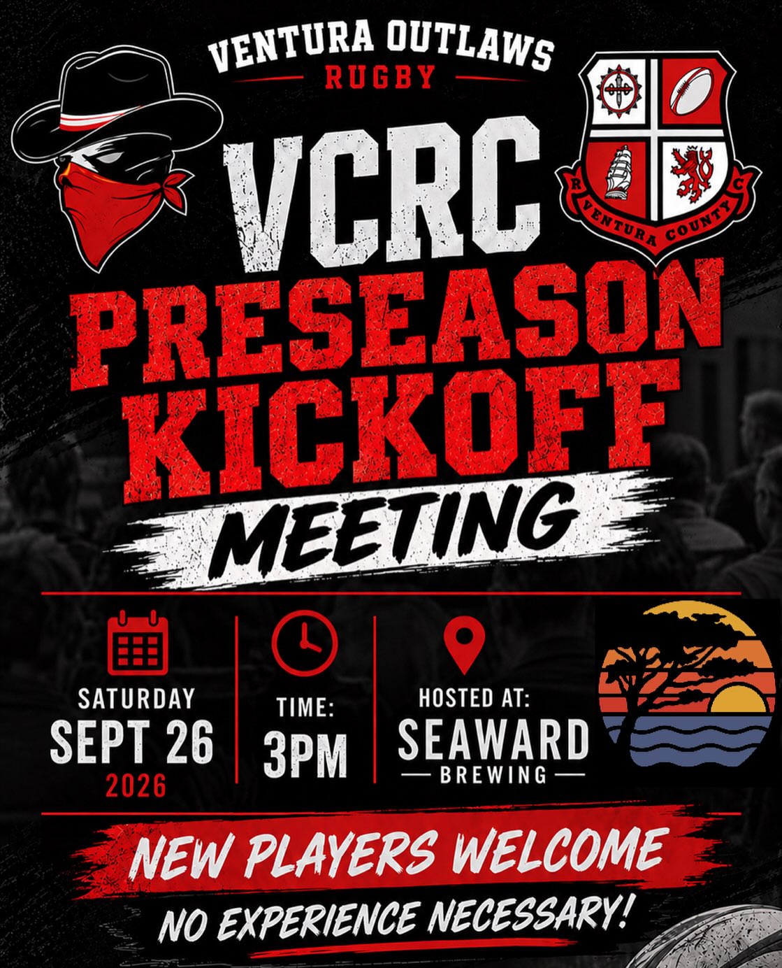 🚨 ONLY 2 WEEKS AWAY! 🚨
🏉 VCRC PRESEASON KICKOFF MEETING 🏉
The 2026–27 15s season is almost here, and we’re getting the Outlaws together to kick things off!
Saturday, September 26, 2026
3:00 PM
Hosted at our sponsor: @seawardbrewing
We’ll be covering everything you need to know heading into the new season:
Training & game schedule
Season goals & expectations
Team & club updates
Voting for club officers
Player input, questions & discussion
🔴 CURRENT PLAYERS:
Your voice matters. Come out, get involved, and help shape the future of VCRC.
⚫ PROSPECTIVE PLAYERS:
YOU’RE INVITED! Never played rugby before? NO EXPERIENCE NECESSARY! Come meet the club, learn about rugby, and see what the Outlaws are all about.
🍻 Come hang out, grab a drink, meet the team, and help us kick off another season
Join us September 26 — DM us for more