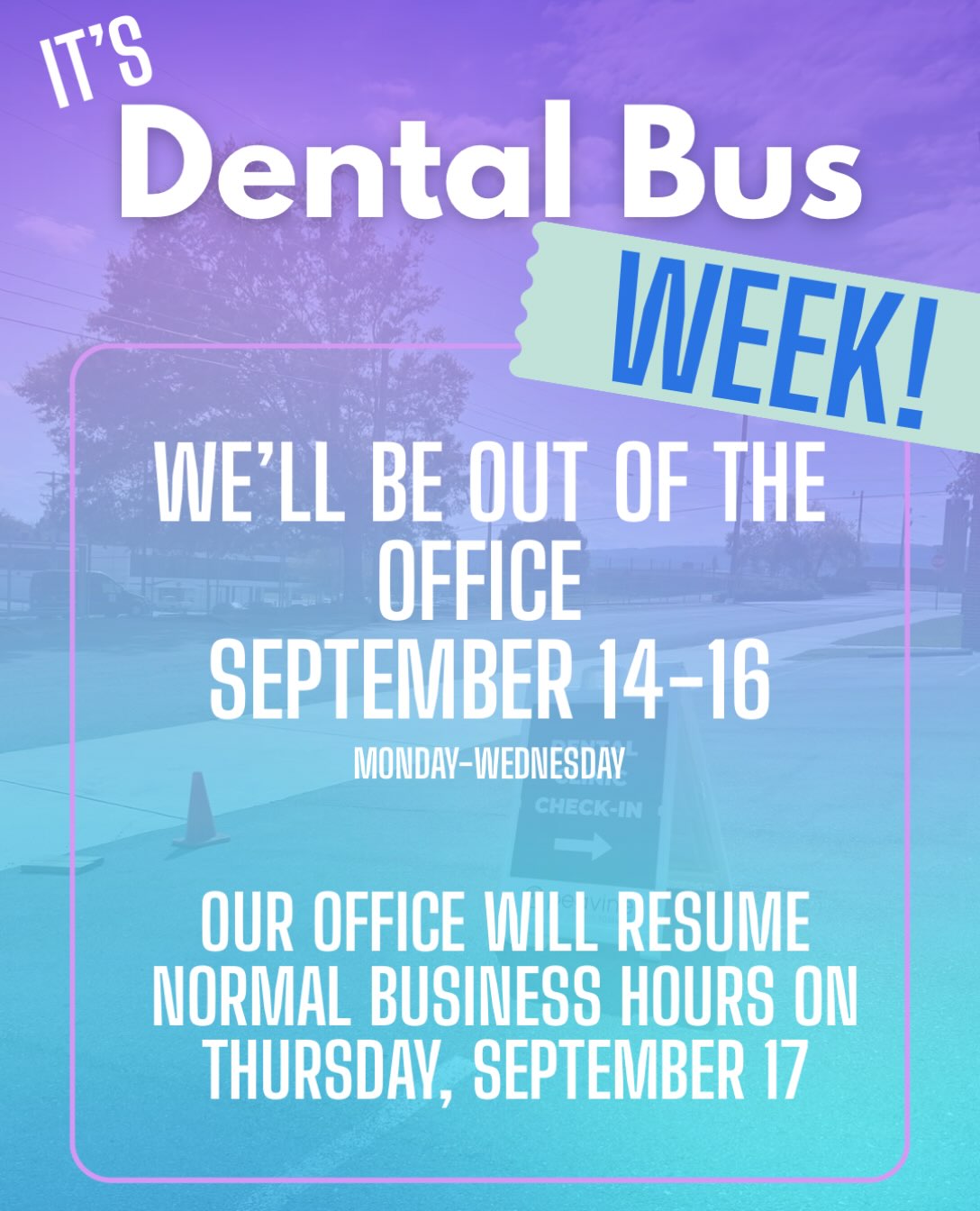 Our office will be closed Monday, Tuesday, and Wednesday this week as our team heads to Peavine Roseville to serve our community in the best way we know how! ❤️🦷
We will resume normal business hours on Thursday, September 17.
We apologize for any inconvenience this may cause and truly appreciate your understanding and support while our team takes time to give back to our community!