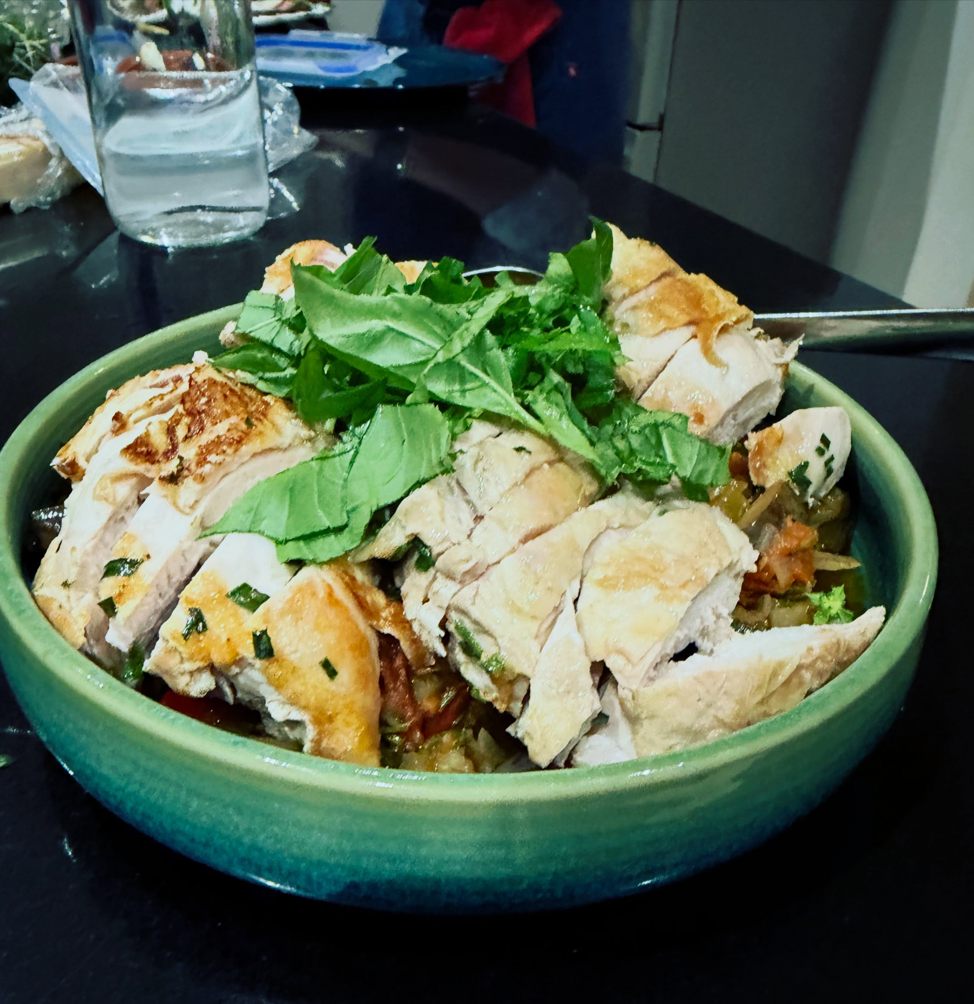 Roasted chicken supreme, caponata, fresh basil locally grown…. #caponata #privatedinner #italianstyle🇮🇹